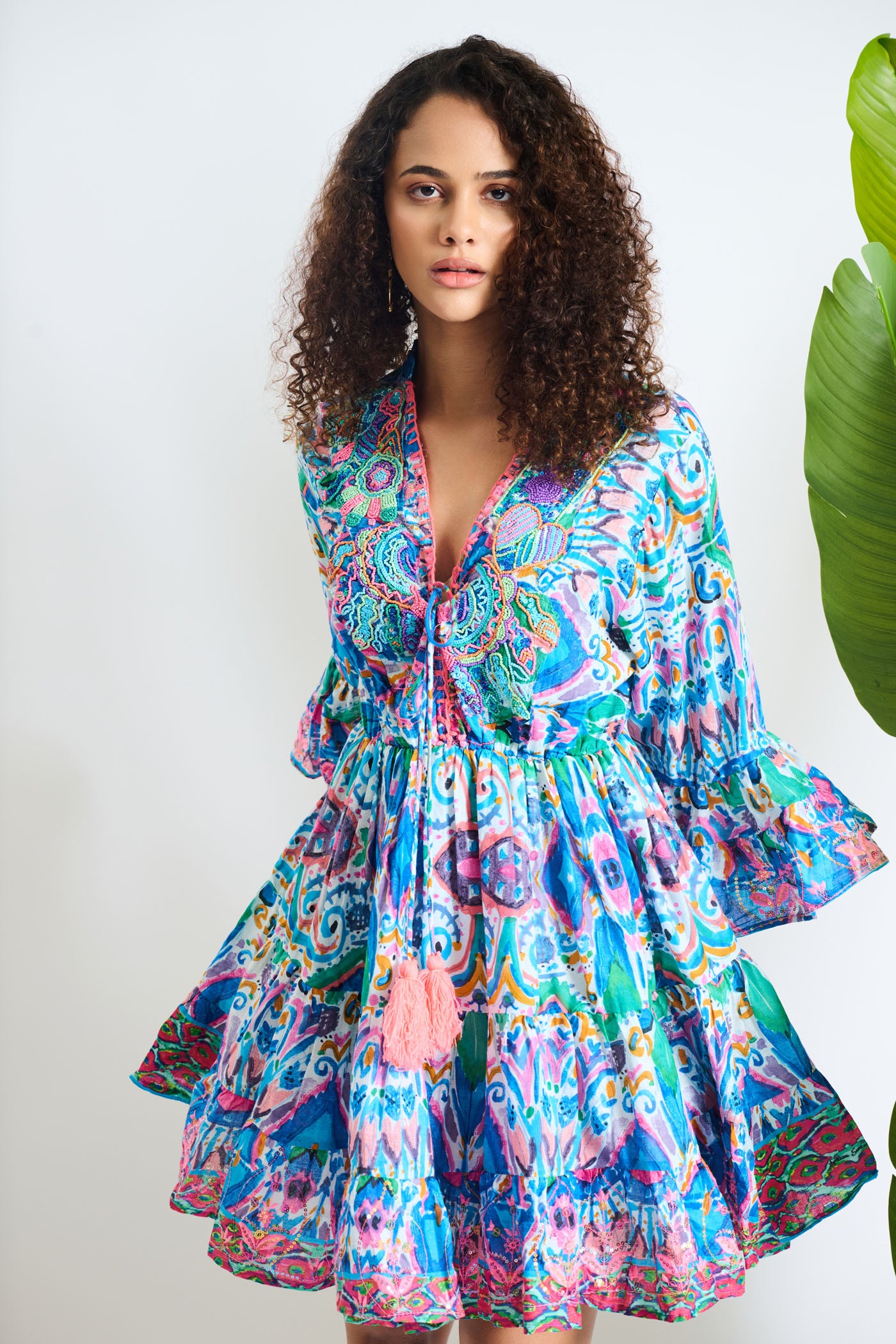 Liliana Floral Embroidered Tassel Tie Mini Dress