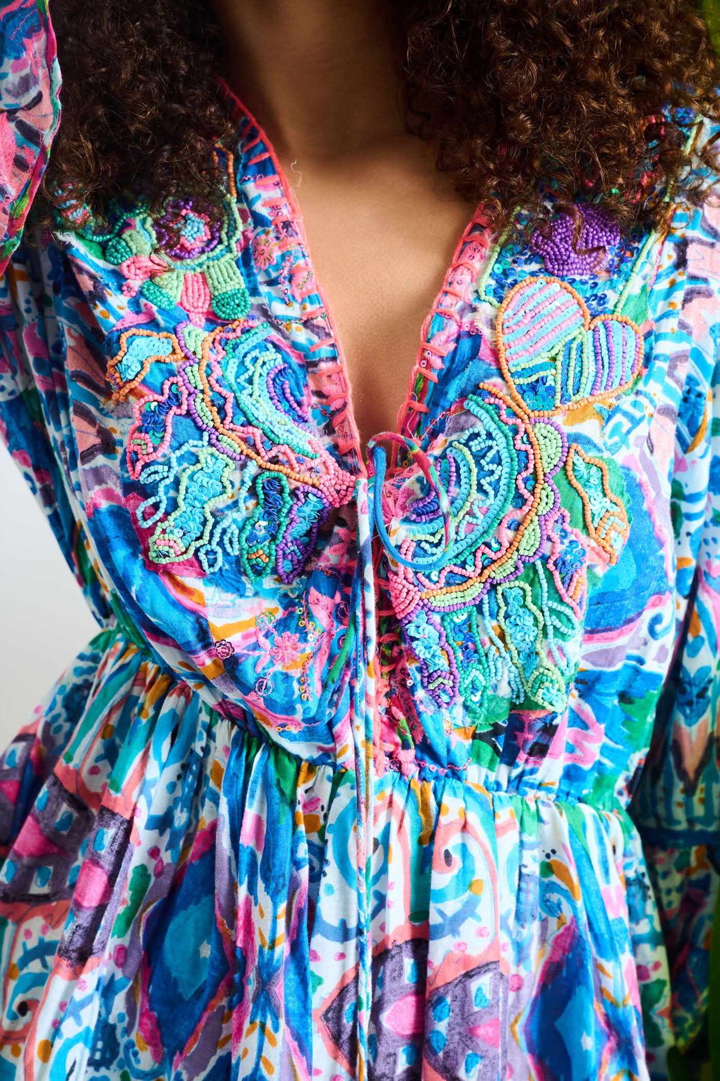Liliana Floral Embroidered Tassel Tie Mini Dress
