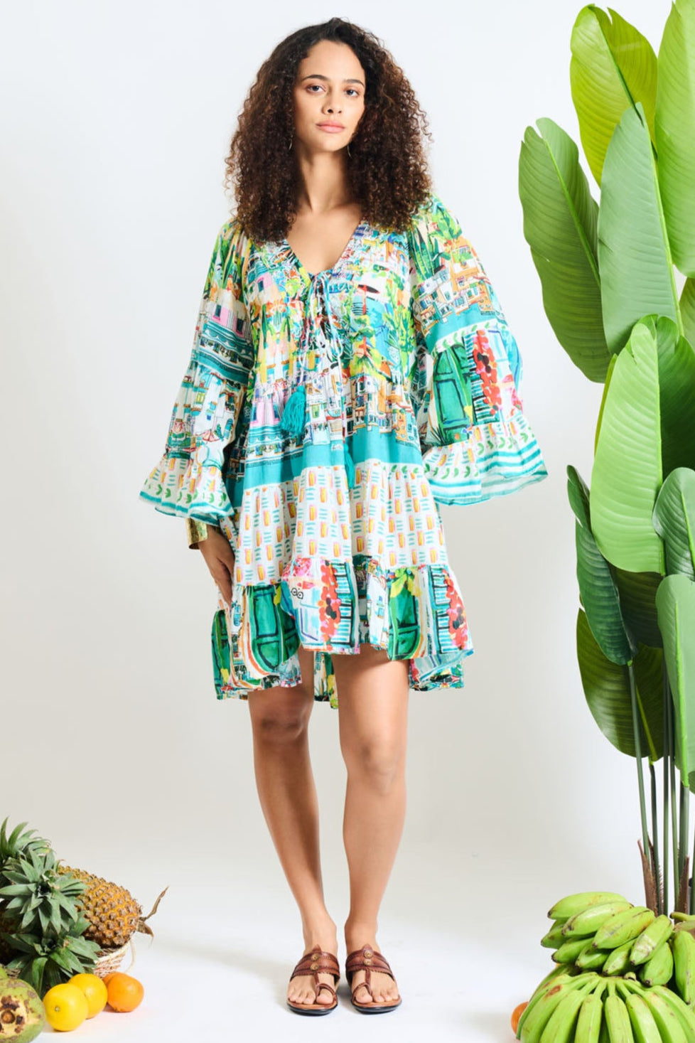 Tie-Neck Tropical Bell-Sleeve Mini Dress