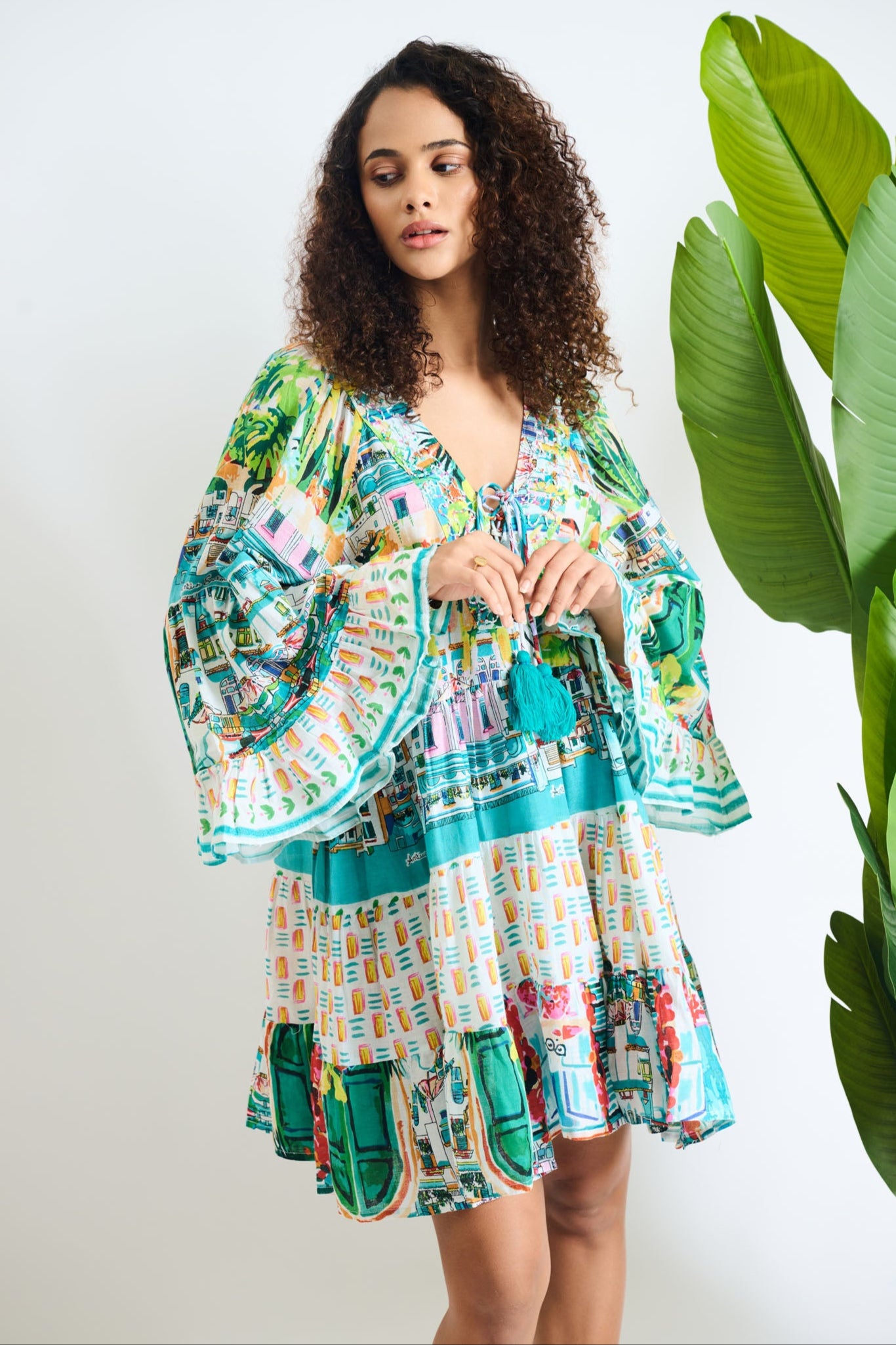 Tie-Neck Tropical Bell-Sleeve Mini Dress