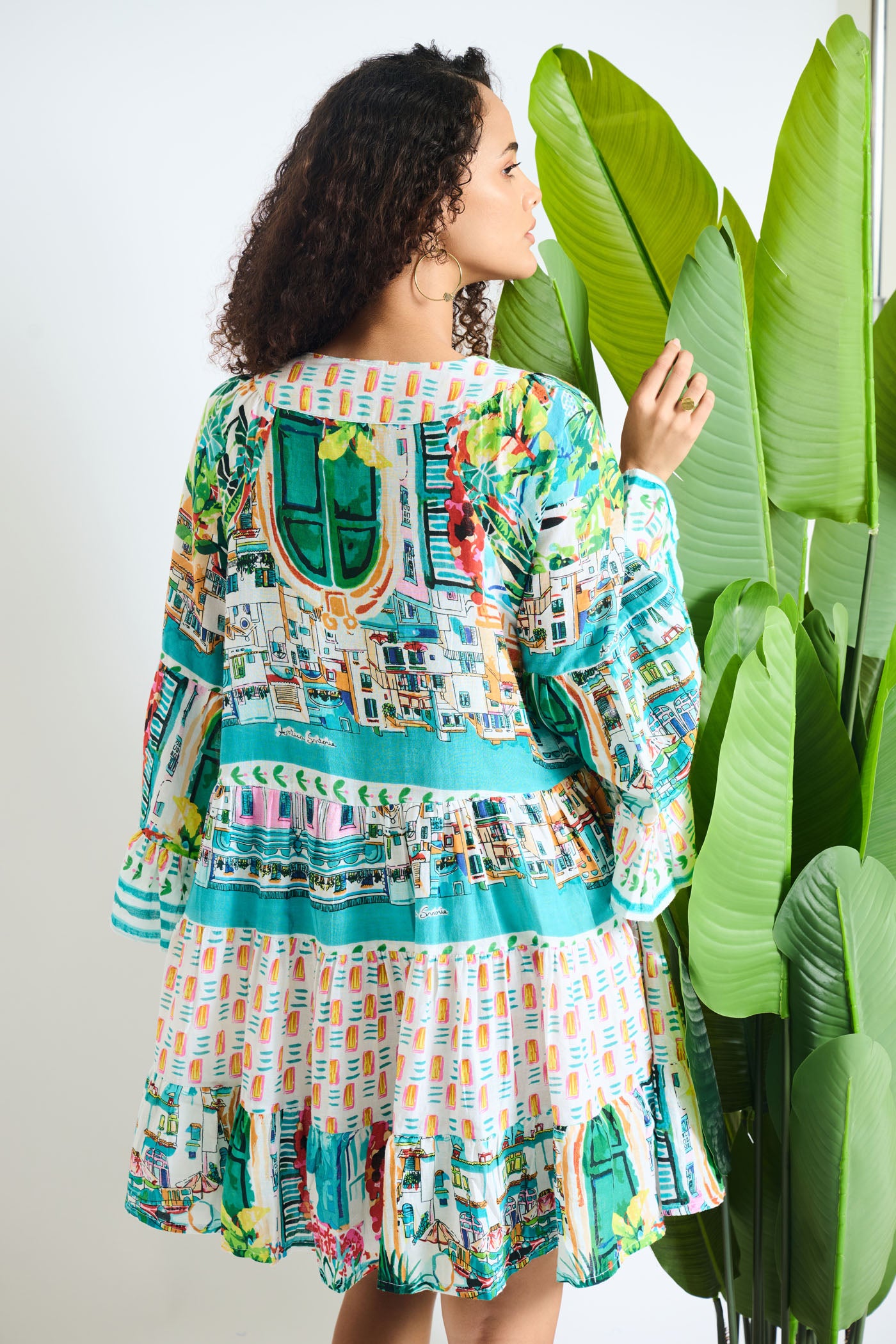 Tie-Neck Tropical Bell-Sleeve Mini Dress