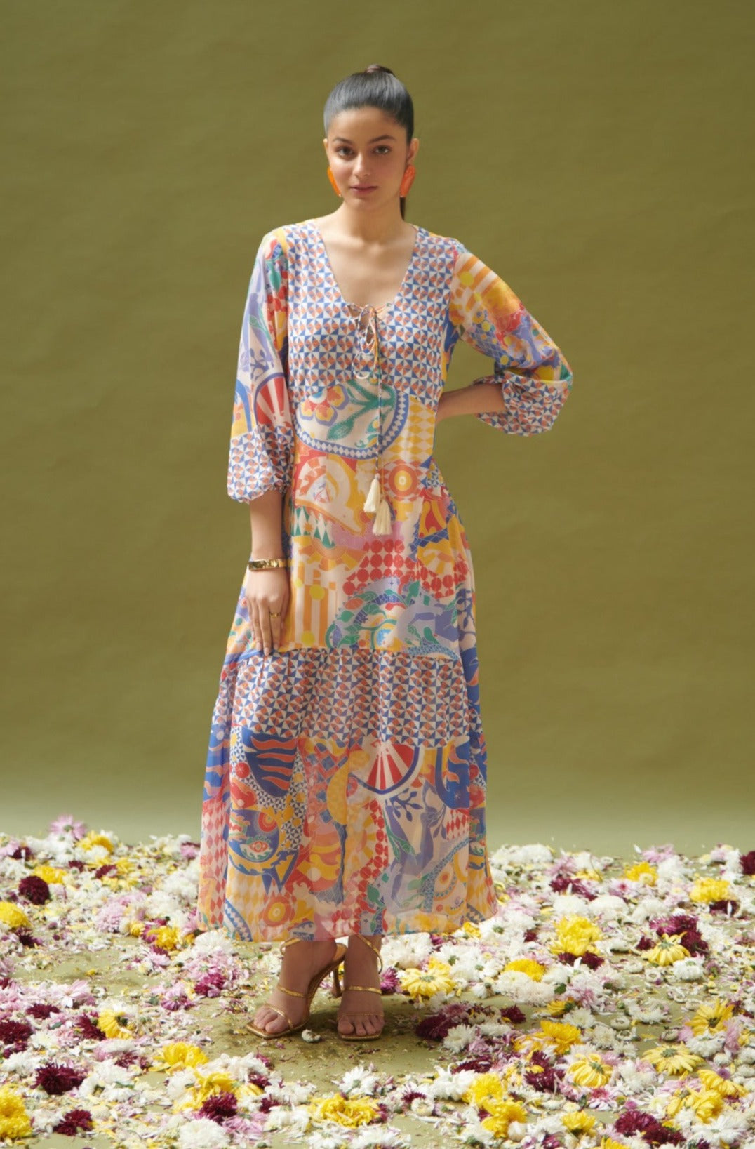 Multicolor Printed Empire-Line Long Dress