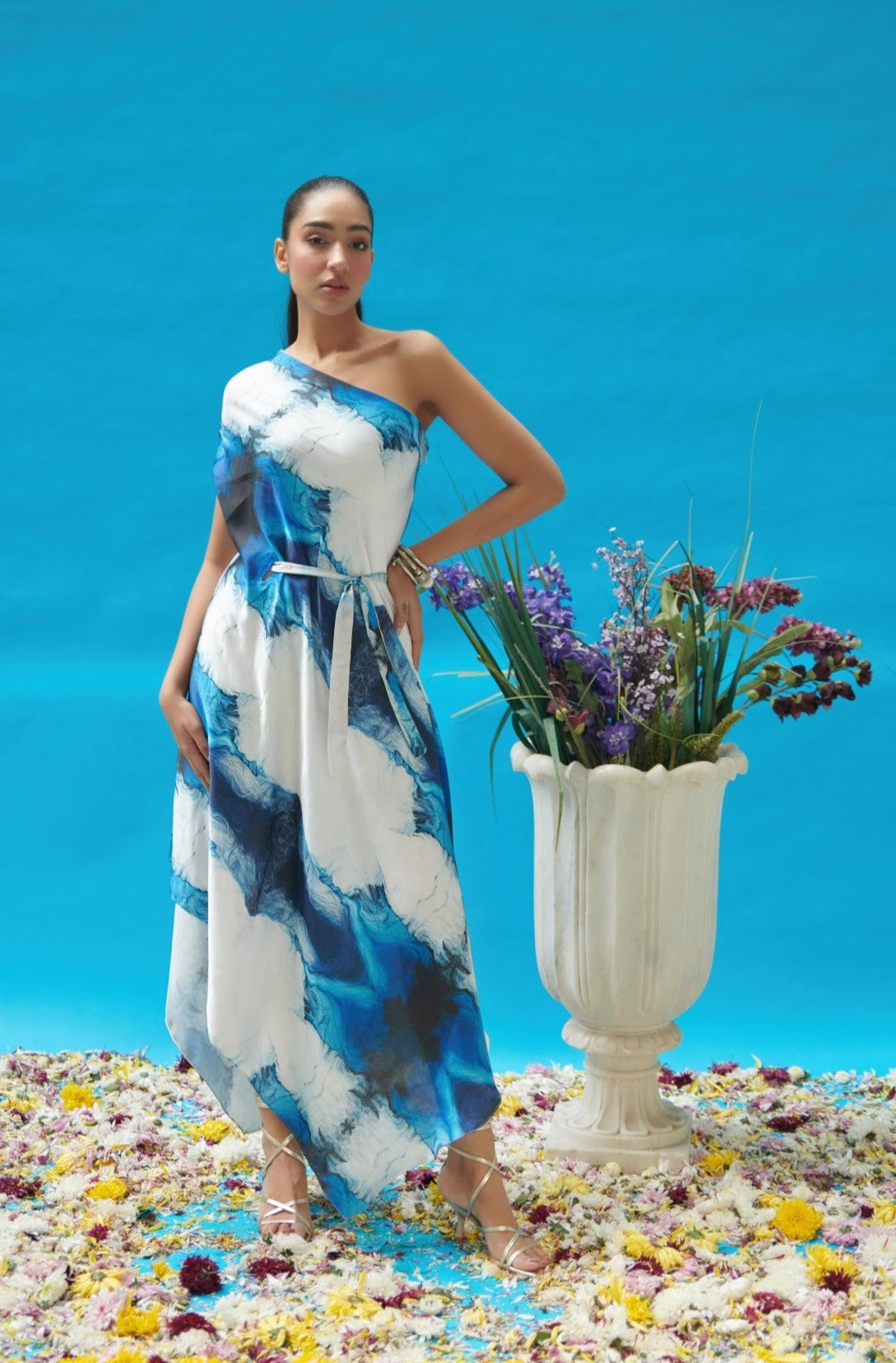 Blue Wave Printed One Shoulder Long Dress