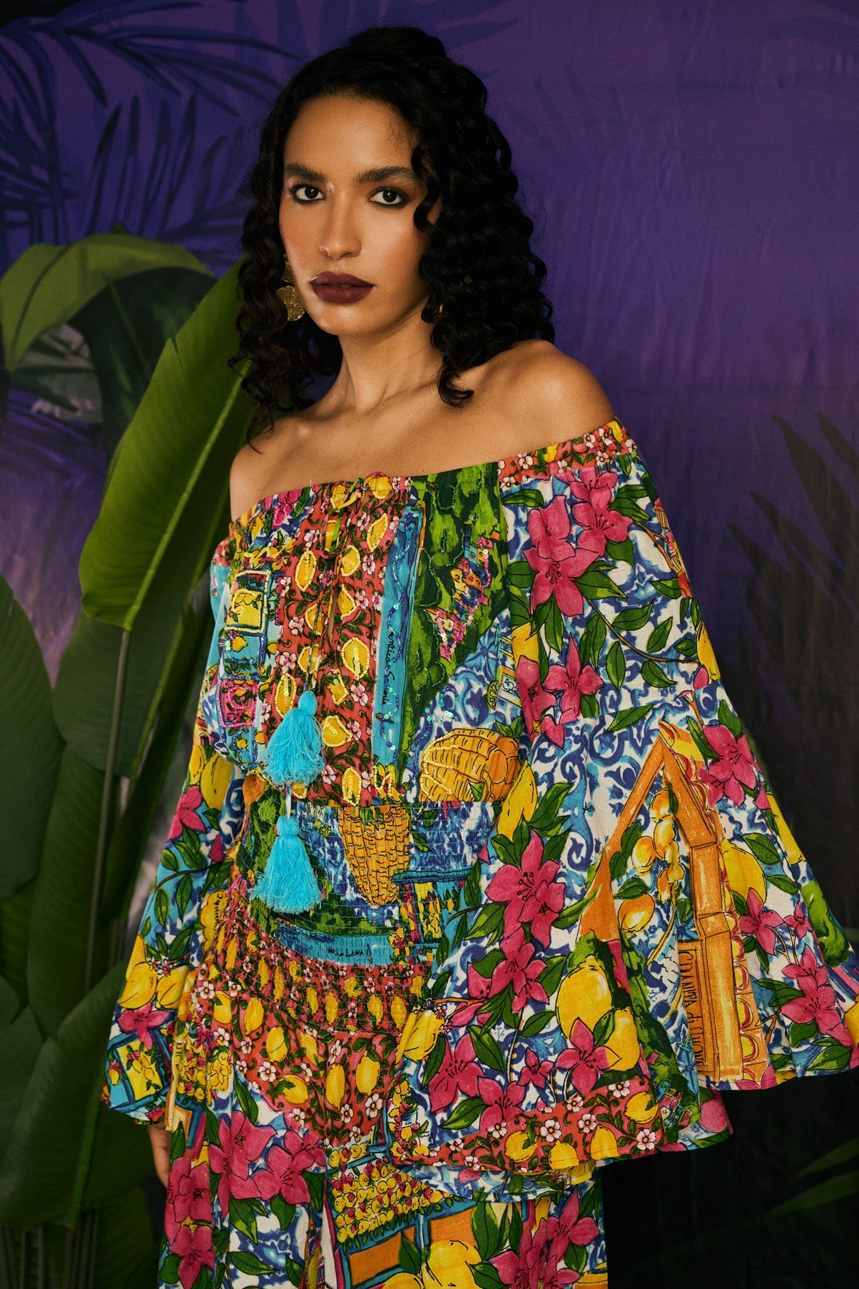 Broad Shoulder Printed Multicolor Long Dress with Tie-Up Neckline
