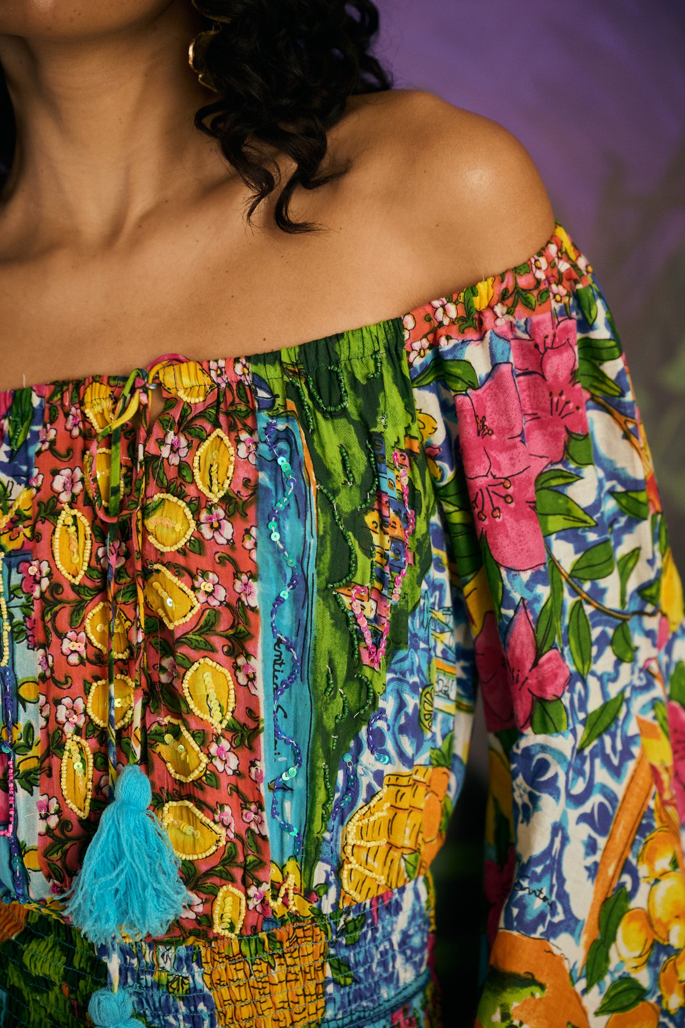 Broad Shoulder Printed Multicolor Long Dress with Tie-Up Neckline