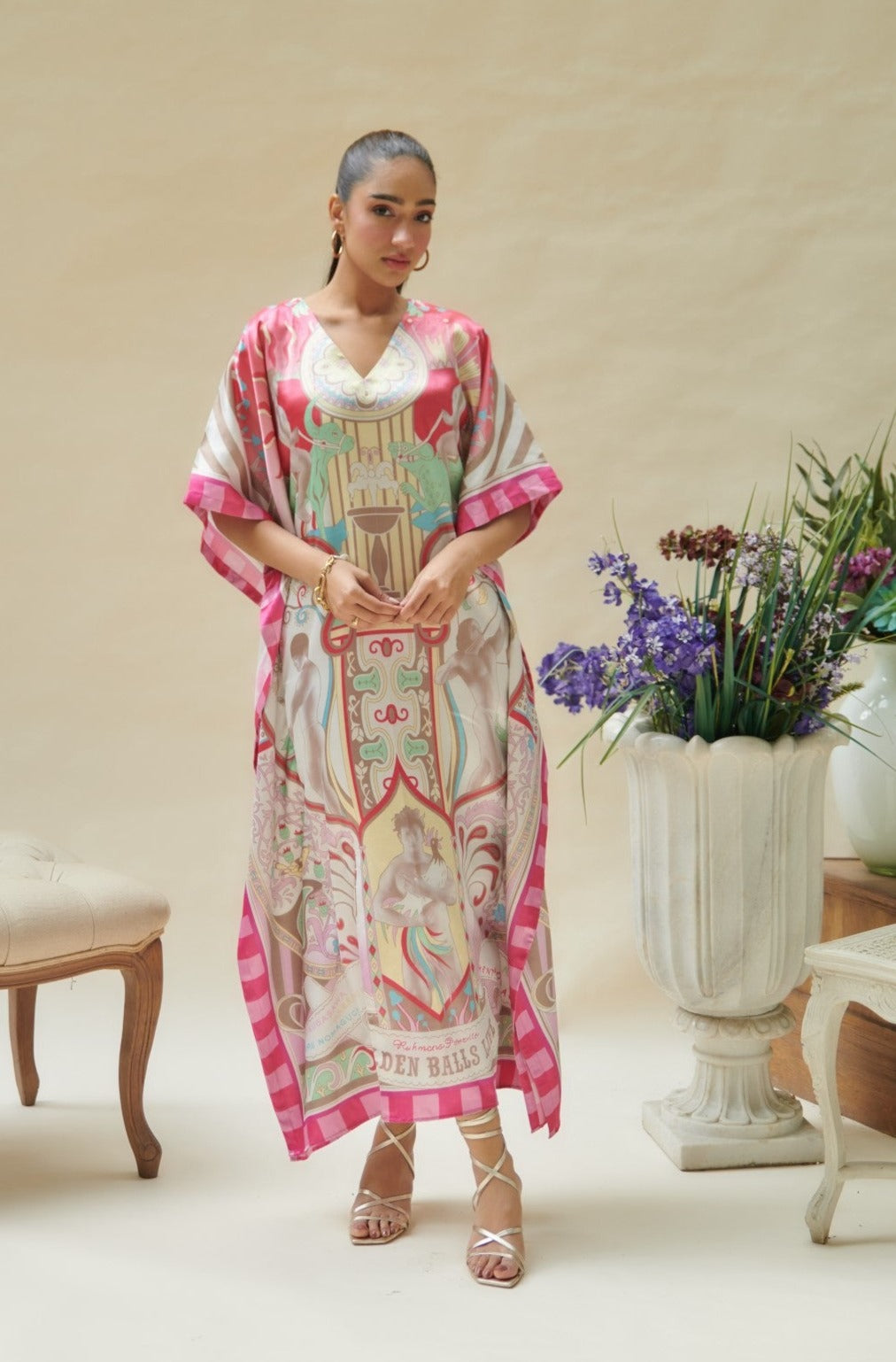 Pink Printed Long Kaftan Dress