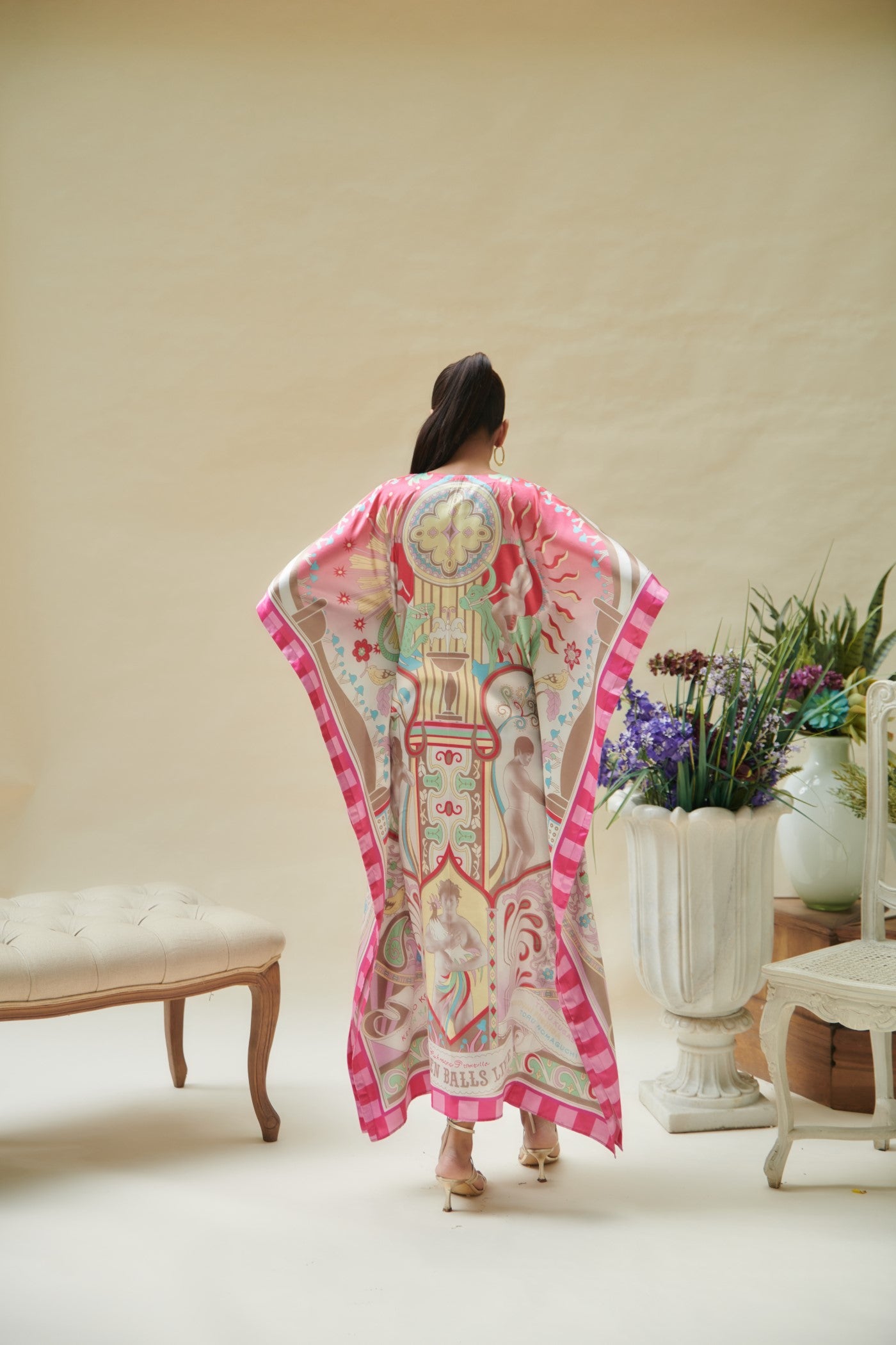 Pink Printed Long Kaftan Dress