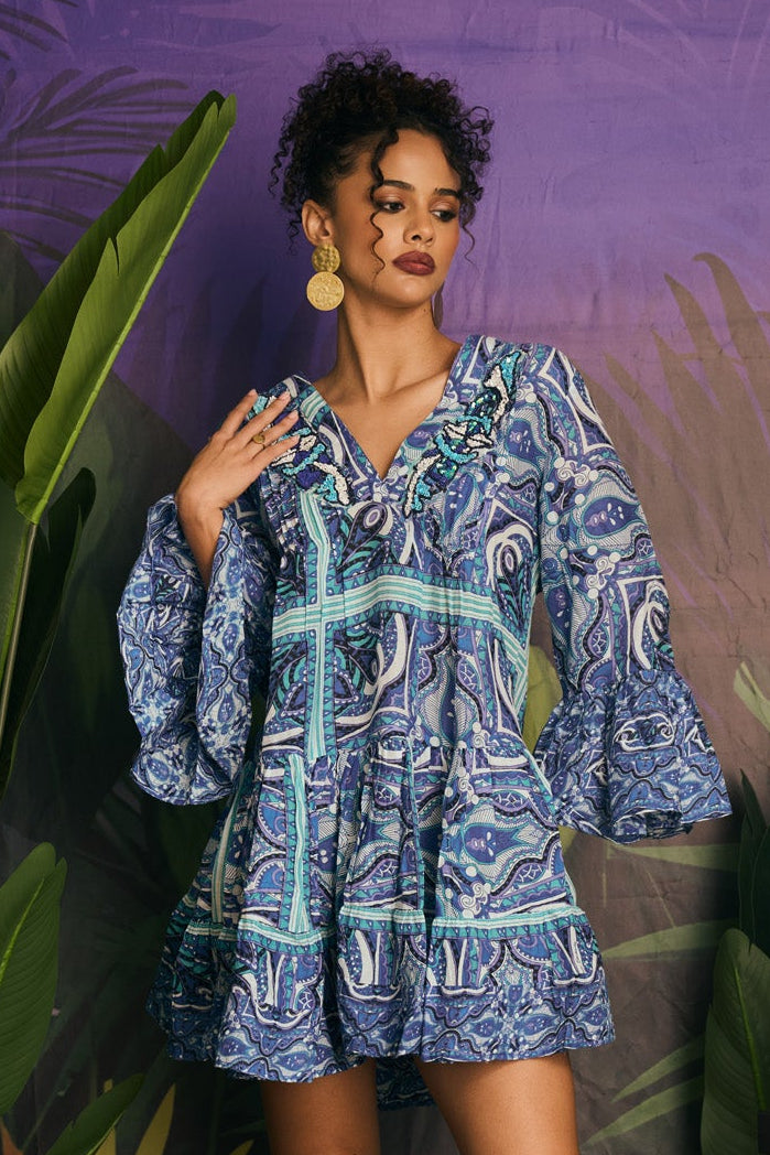 EMBROIDERED FLORAL LACE UP MINI DRESS