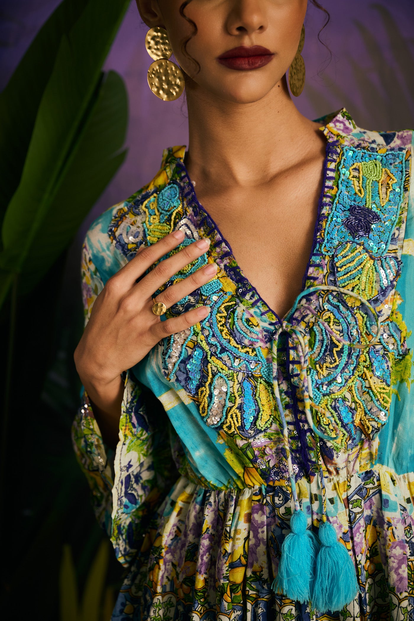 Boho Tassel Embroidered Neck Dress