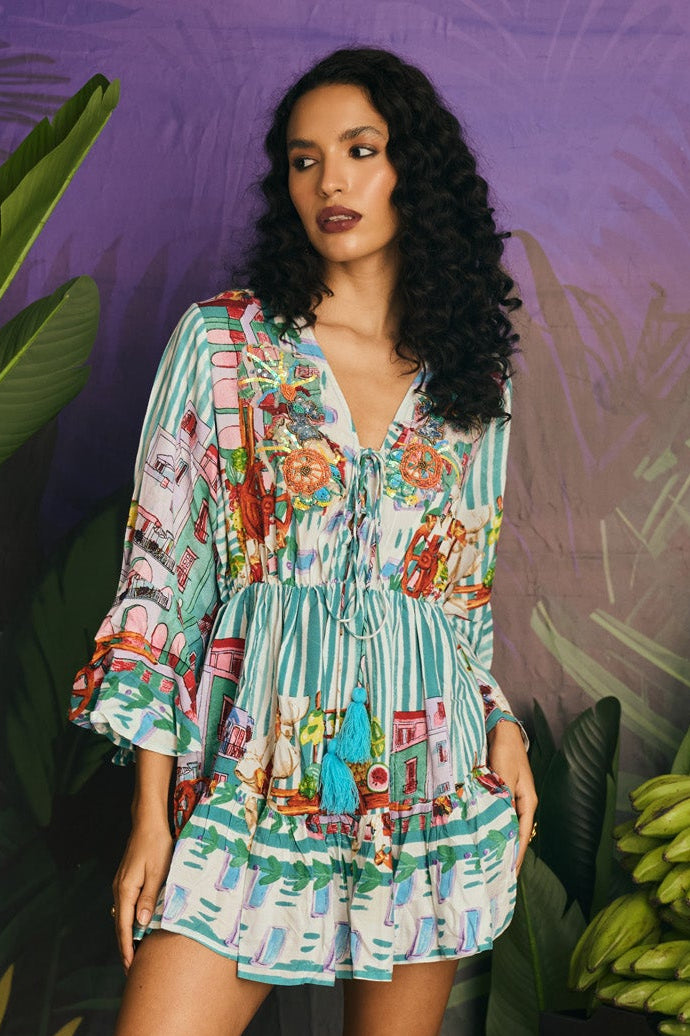 EMBRIDERED FLORAL STRIPE TASSEL DRESSS