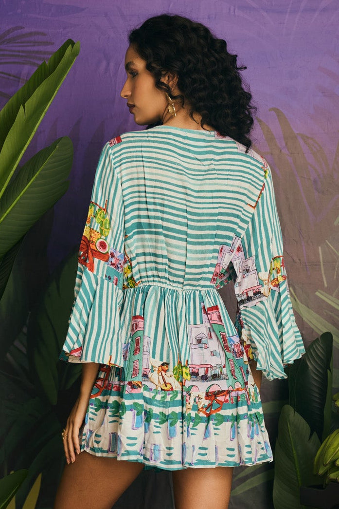 EMBRIDERED FLORAL STRIPE TASSEL DRESSS