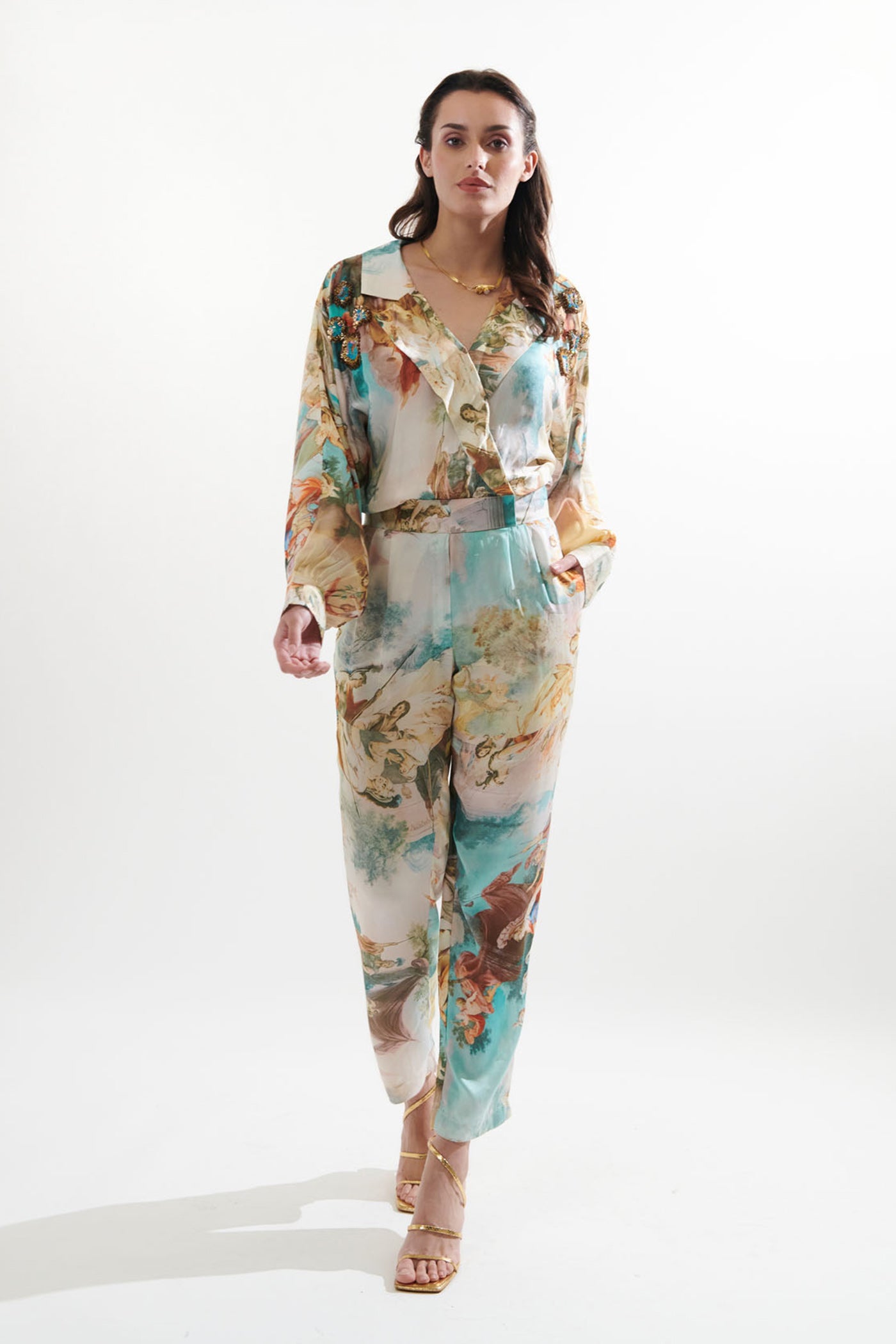 Embroidereed notch lapel jumpsuit