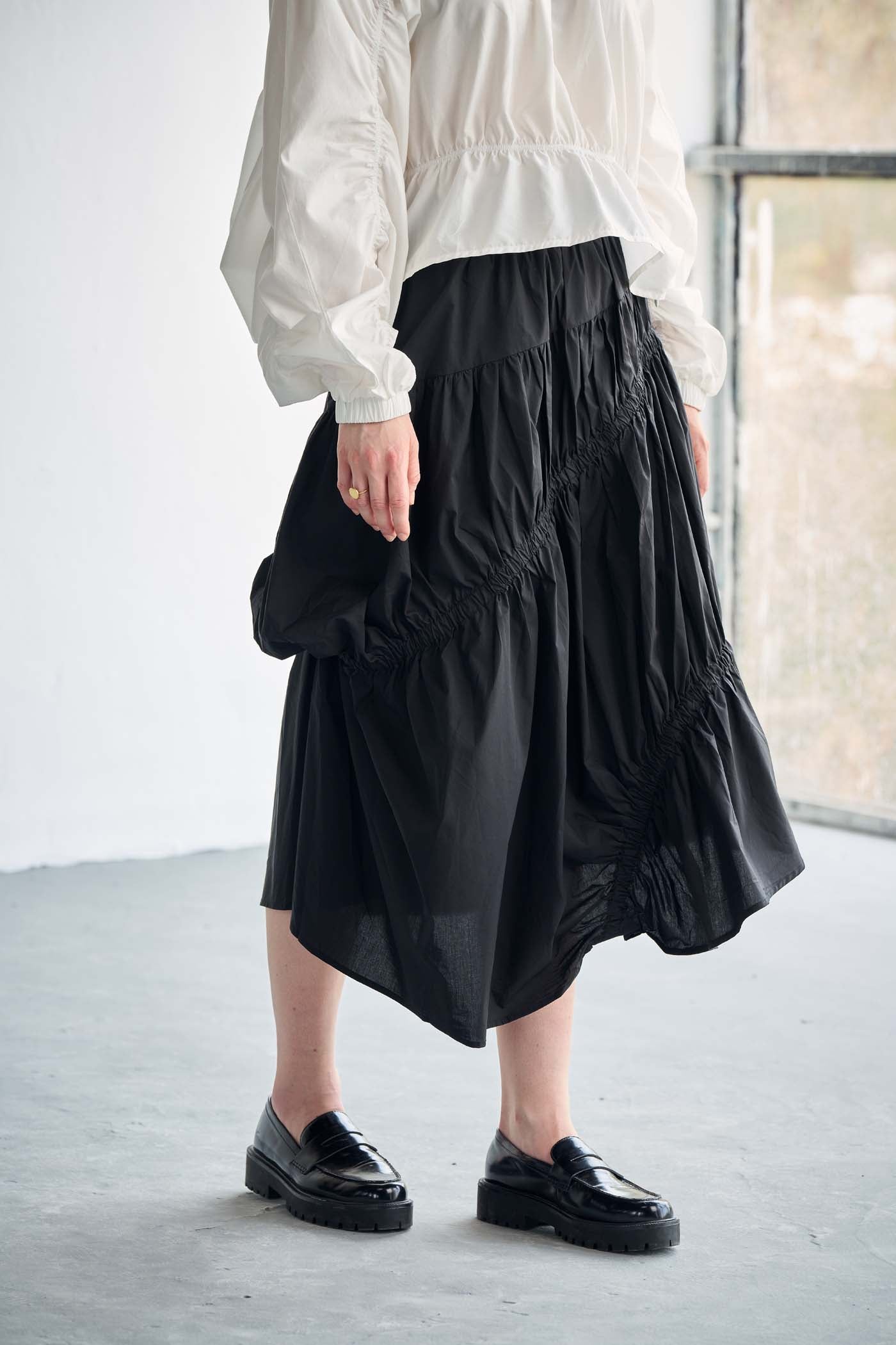 Korean Cotton Satin Black Ruched midi skirt