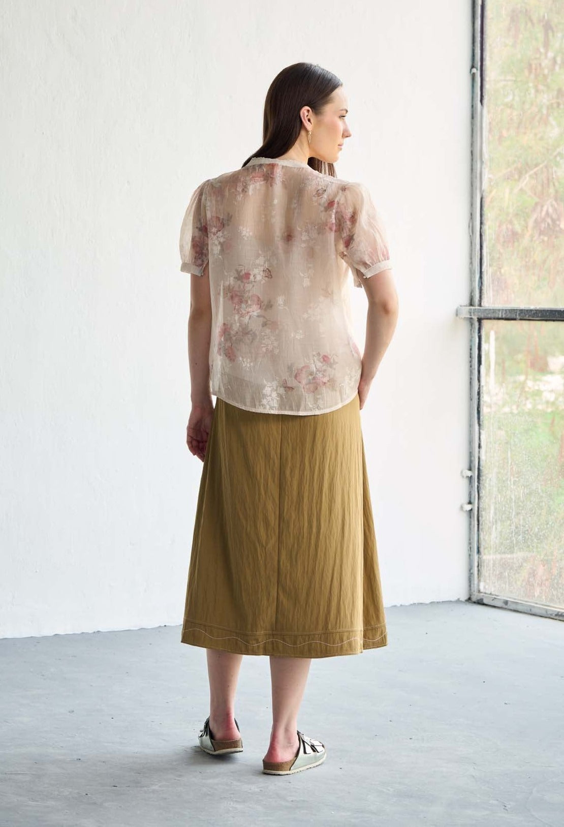 Beige Floral  Silk Jacquard Organza Top