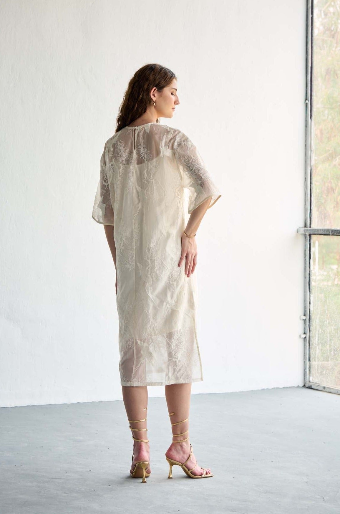 Off White Embroidered Silk Dress