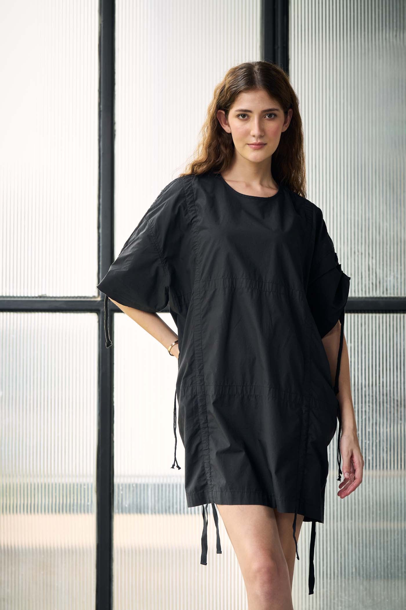 Black poplin ruched mini dress