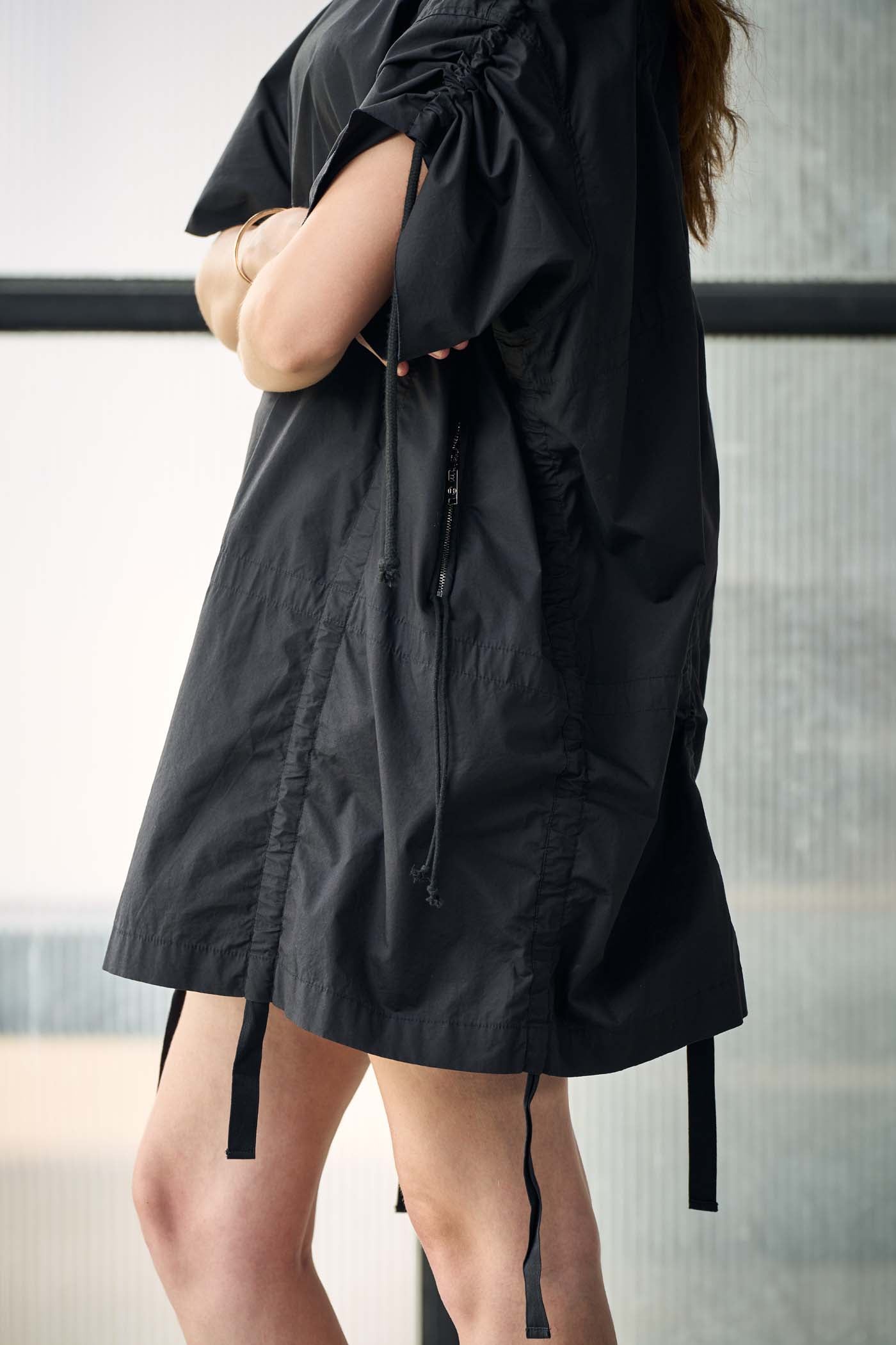 Black poplin ruched mini dress