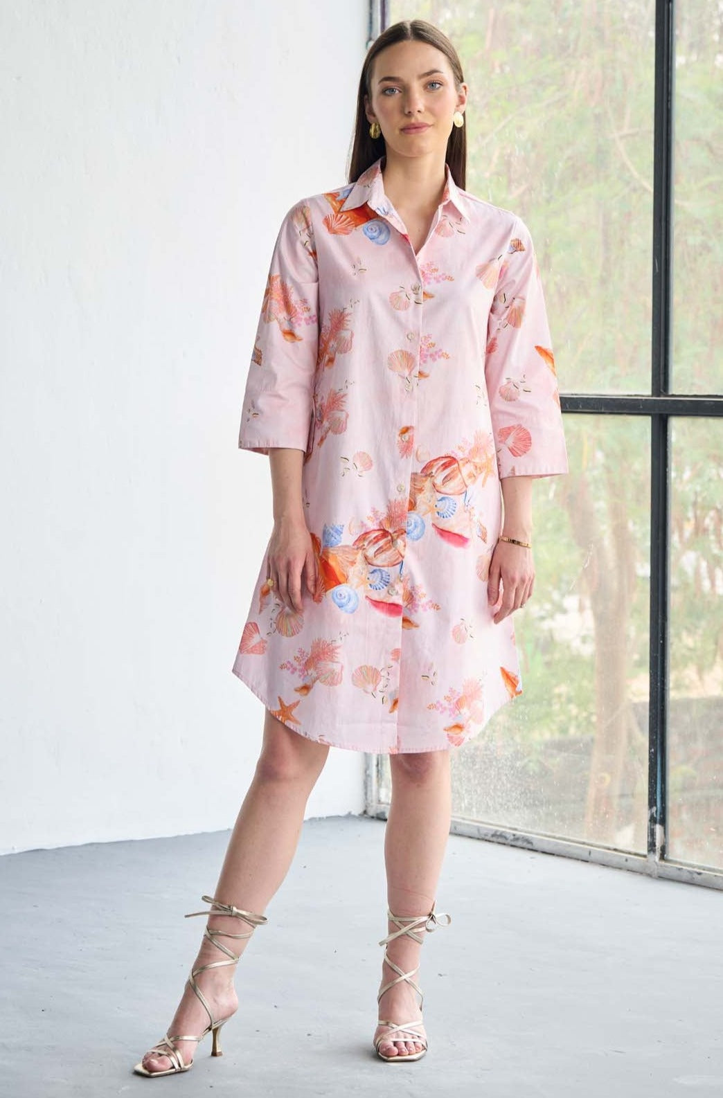 Printed Pink Poplin Aerial Mini Shirt dress