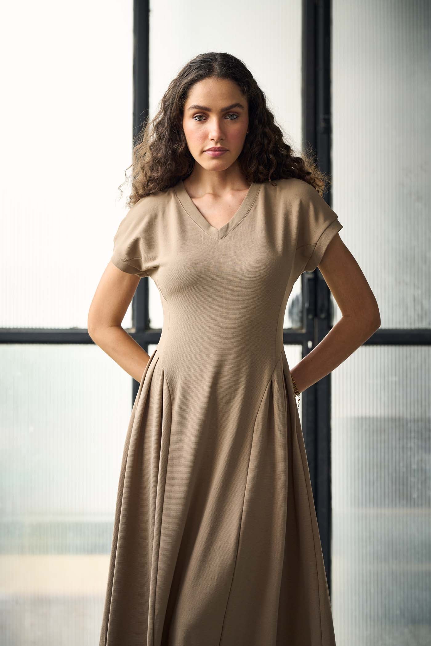 A line beige midi dress