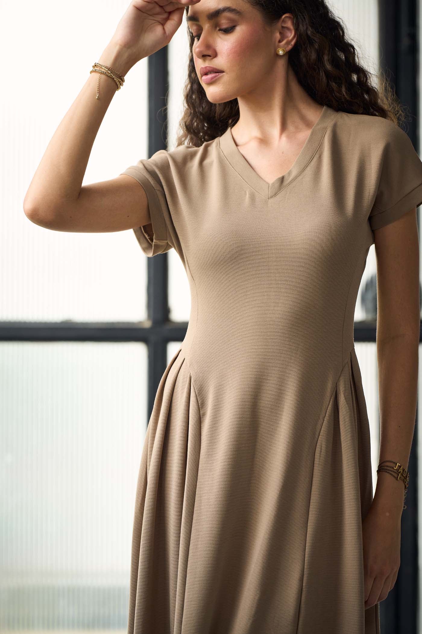 A line beige midi dress