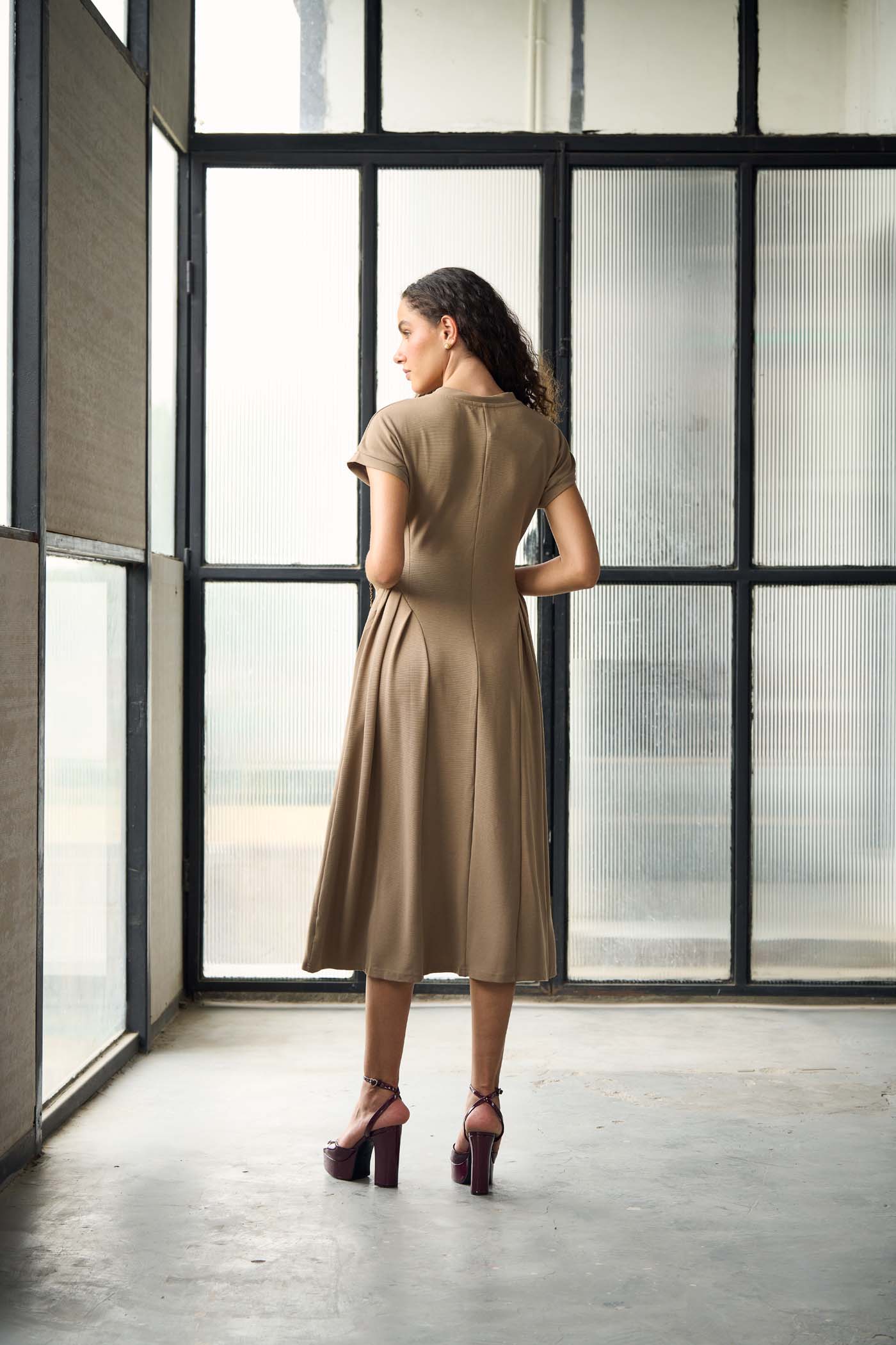 A line beige midi dress