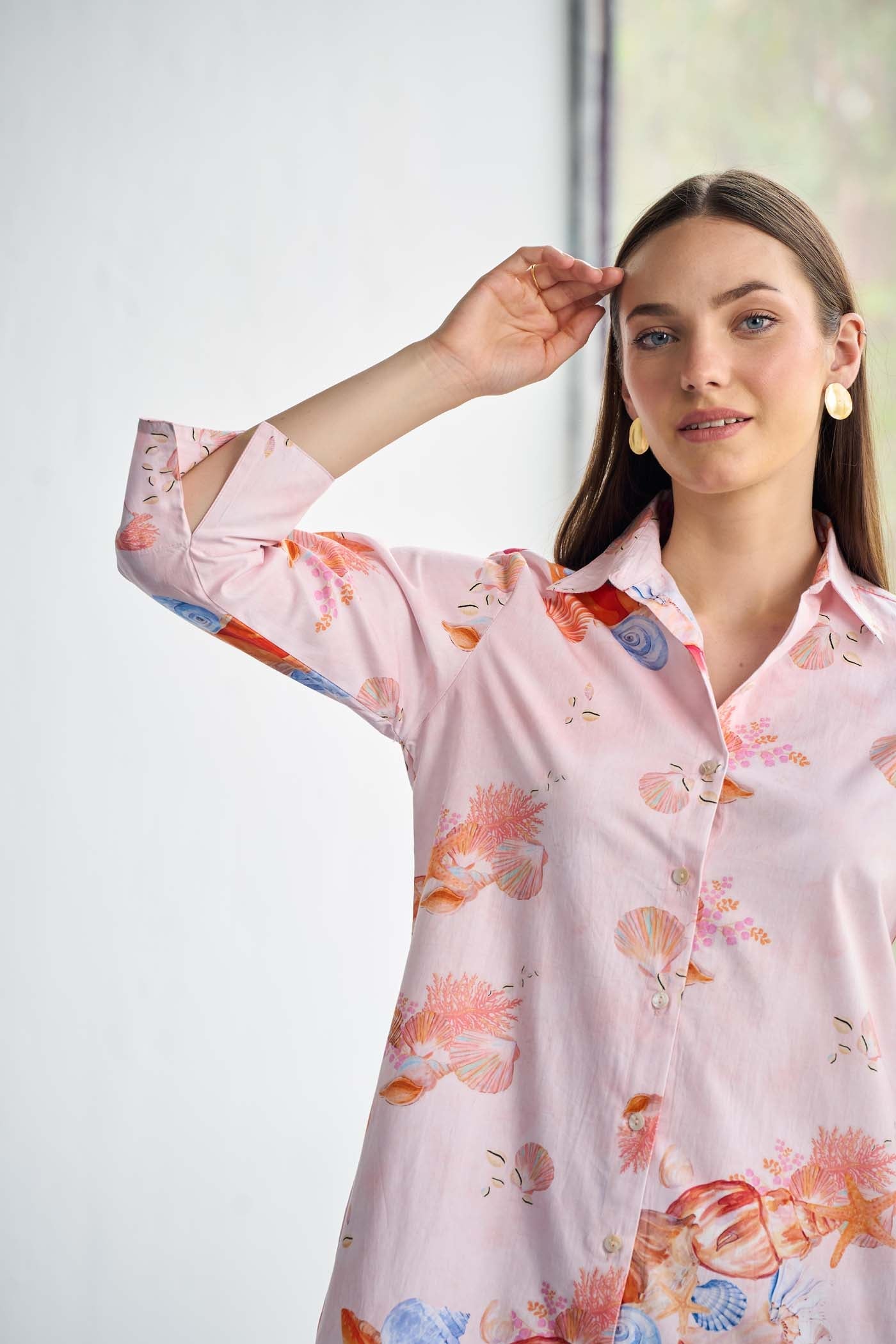 Printed Pink Poplin Aerial Mini Shirt dress