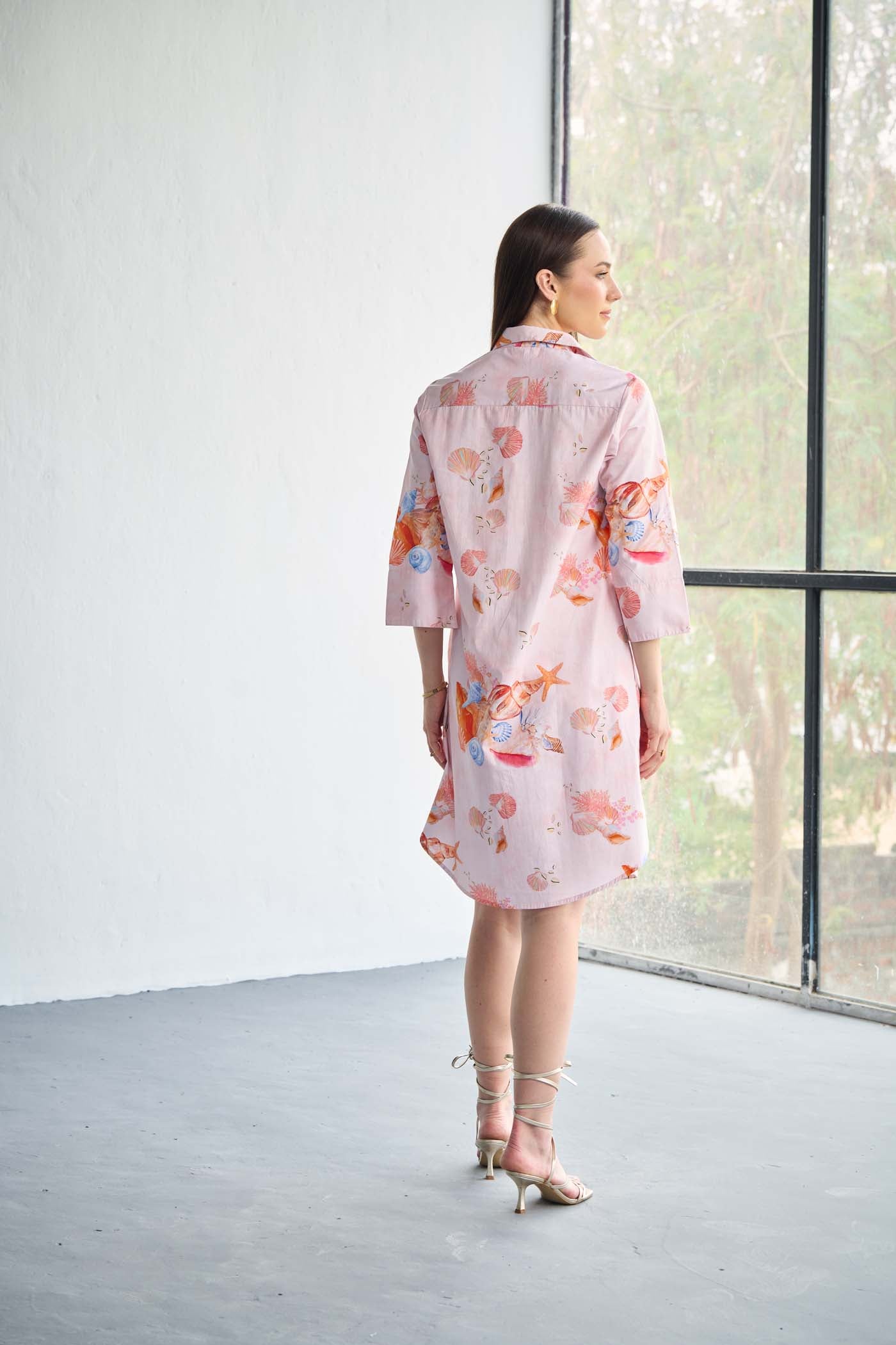 Printed Pink Poplin Aerial Mini Shirt dress