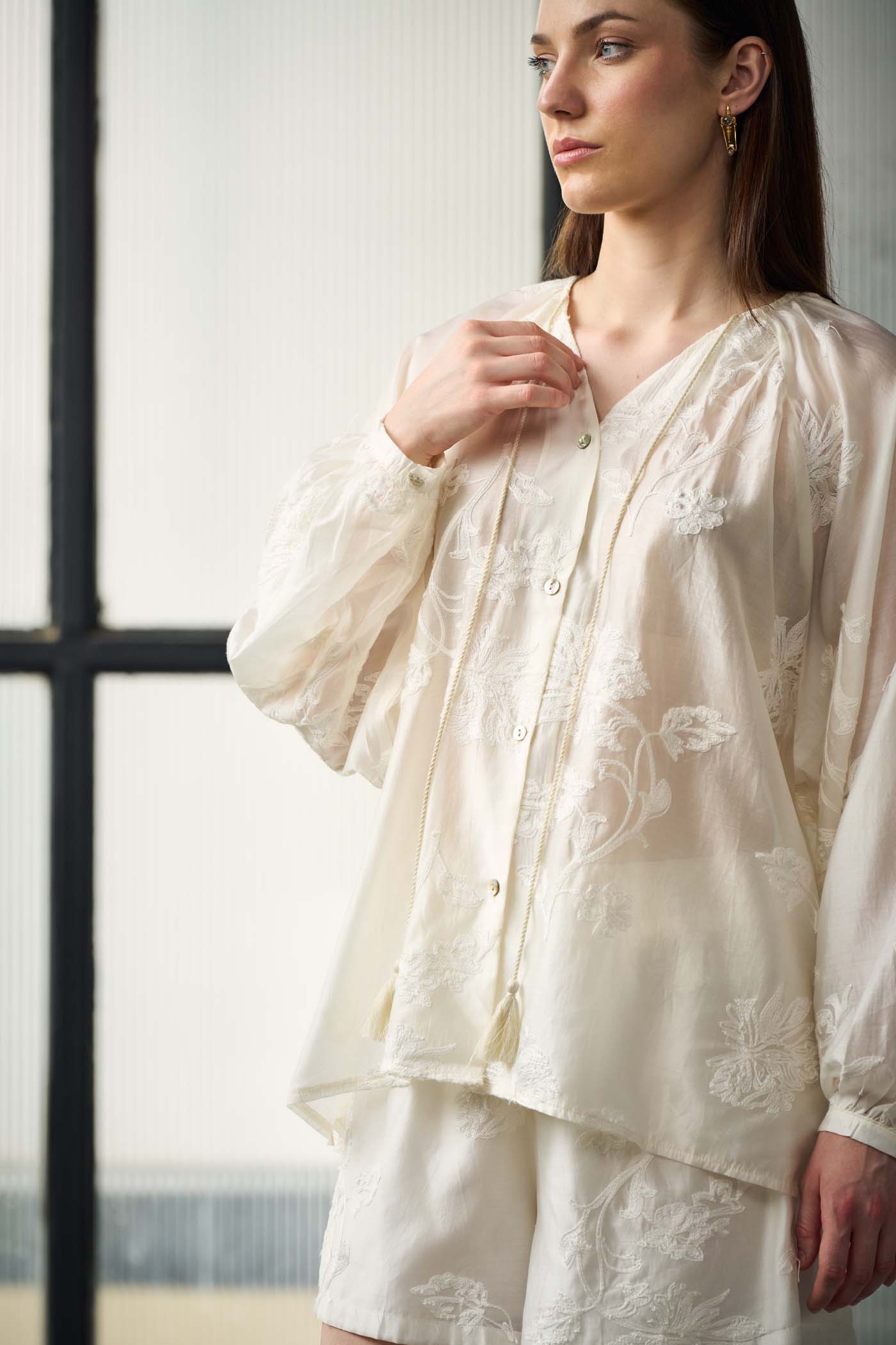 Sheer Flower Embroidered Blouse with Shorts