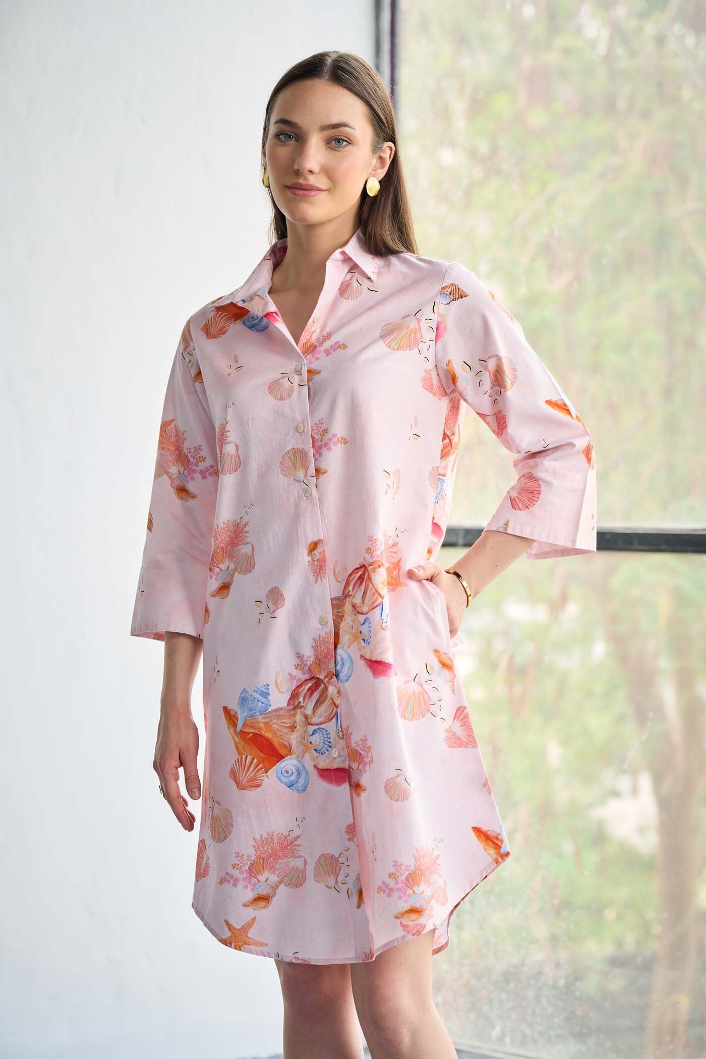 Printed Pink Poplin Aerial Mini Shirt dress