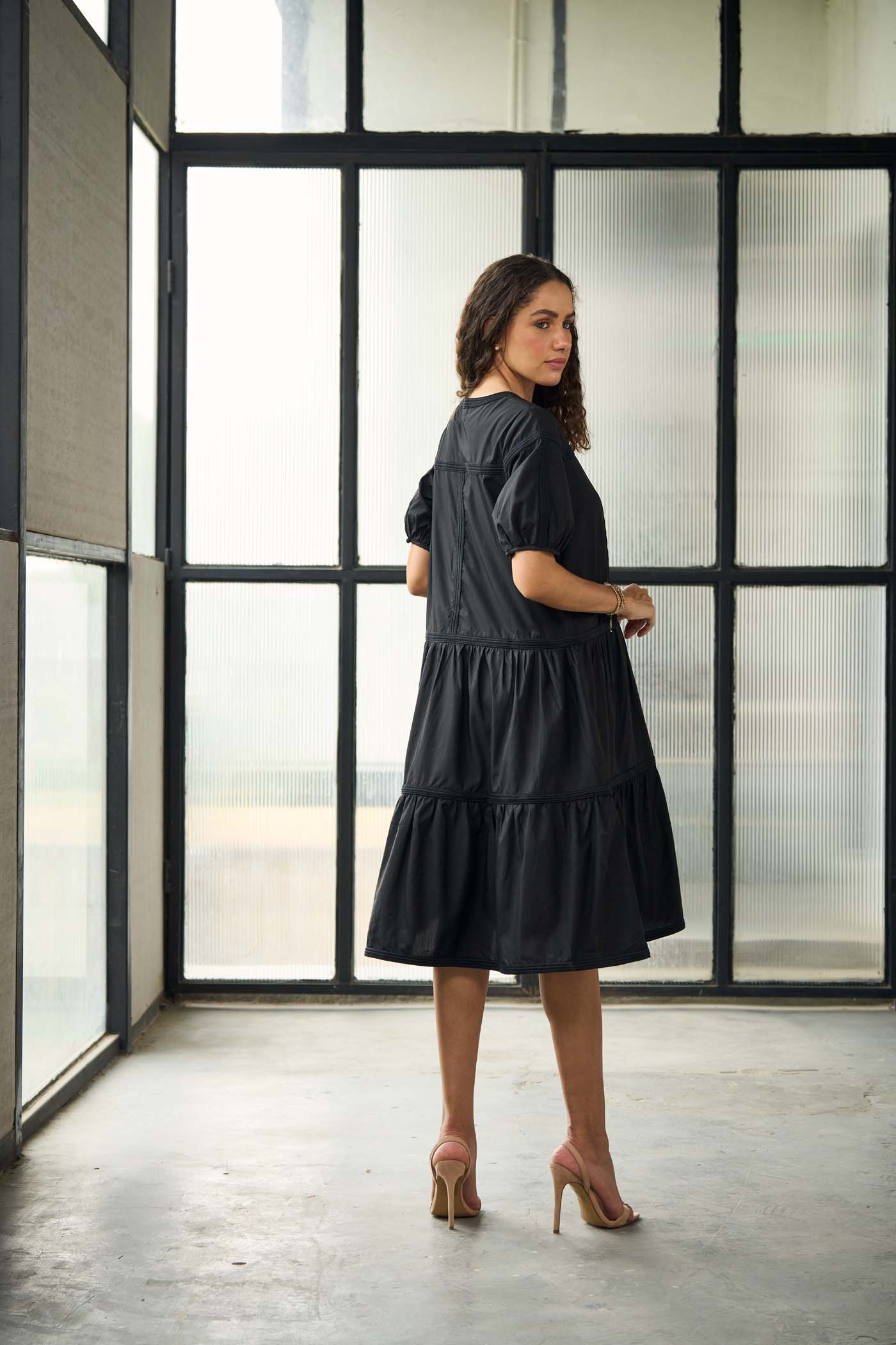 Black detailed tiered midi dress