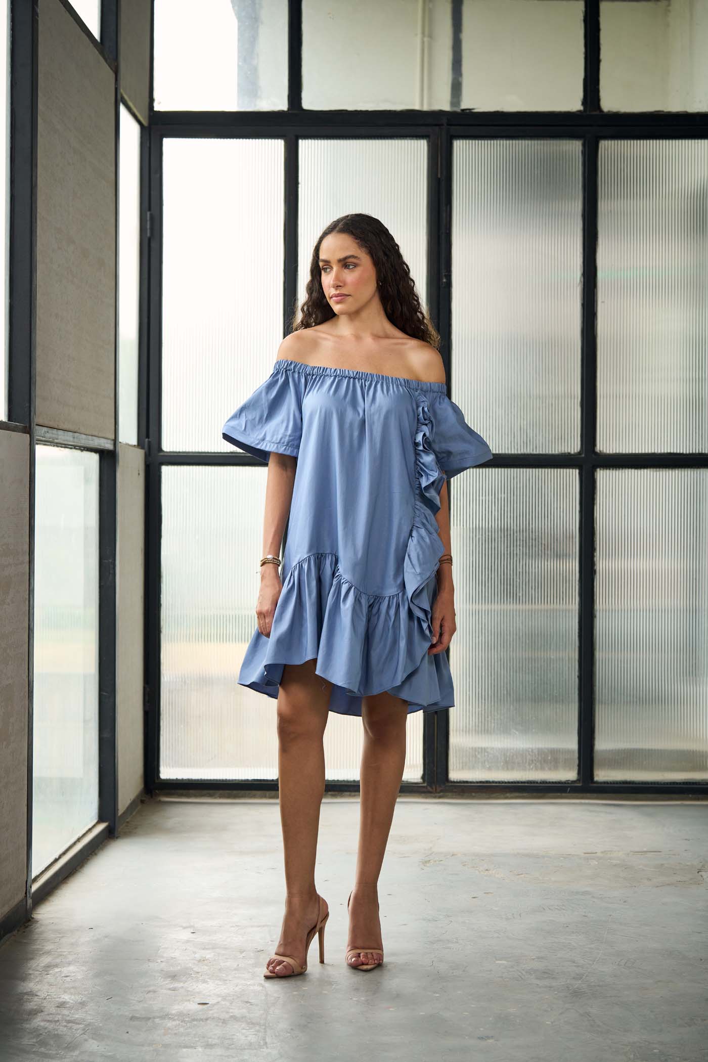 Blue off shoulder asymmetric ruffle mini dress