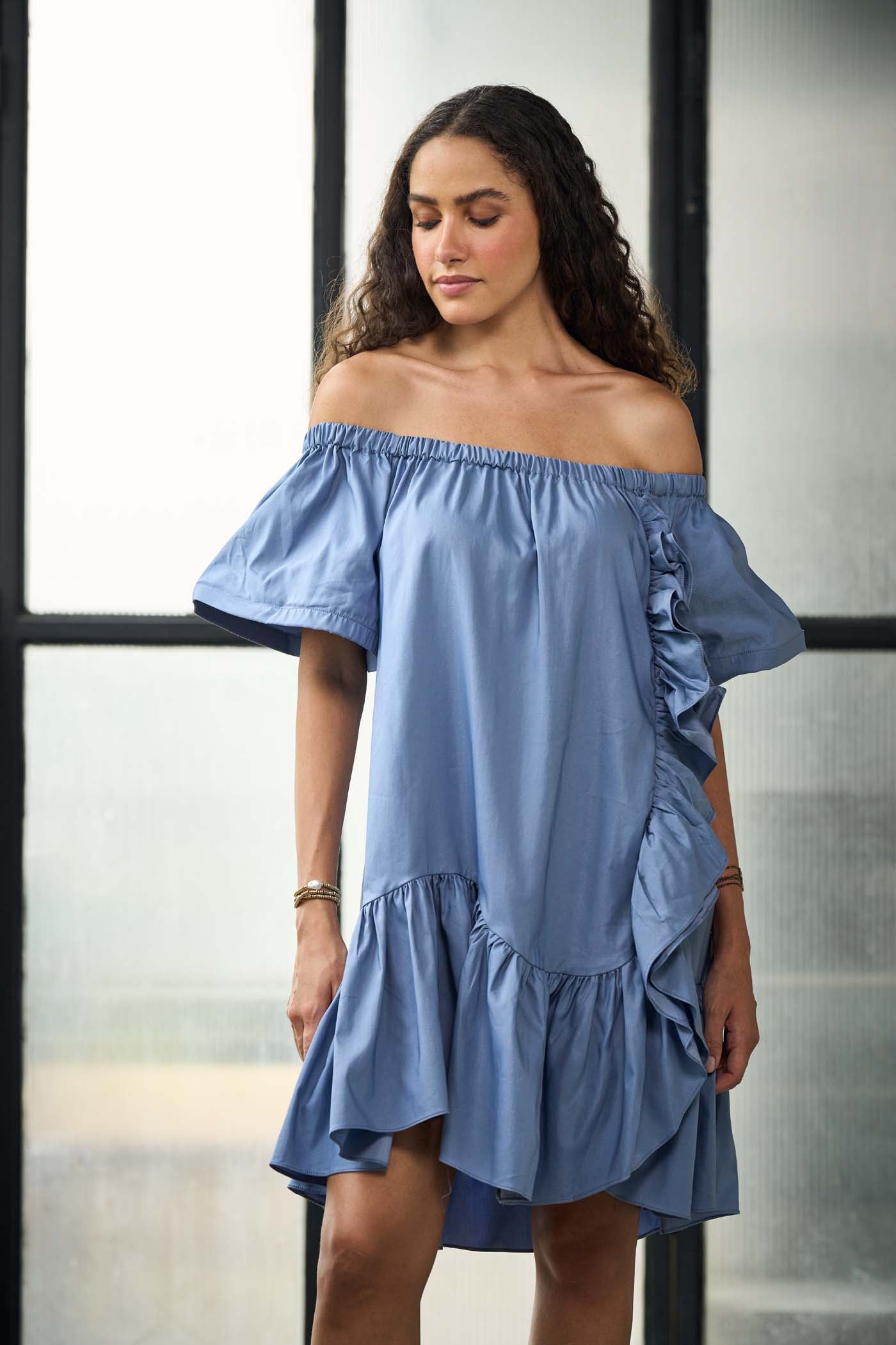 Blue off shoulder asymmetric ruffle mini dress