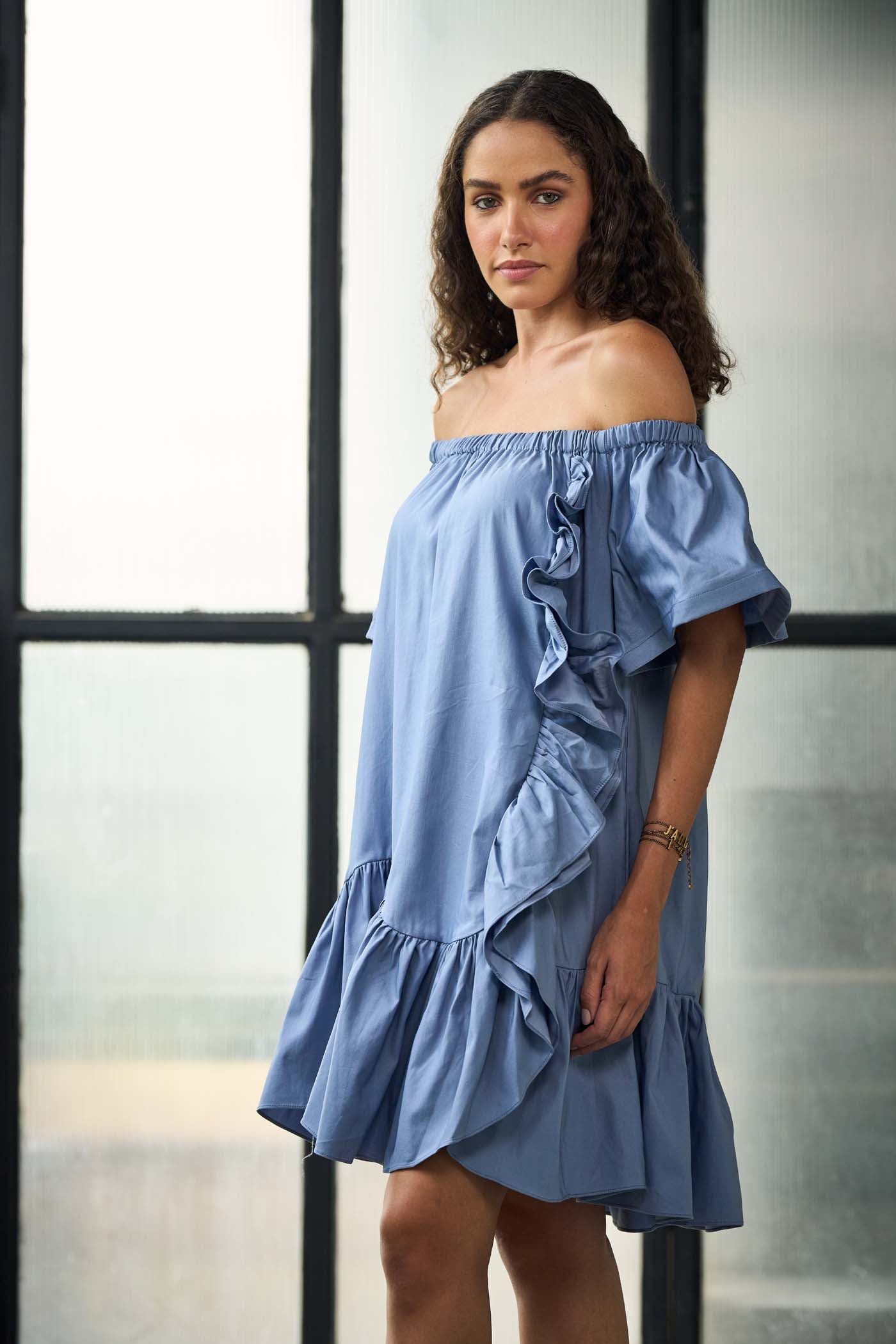 Blue off shoulder asymmetric ruffle mini dress