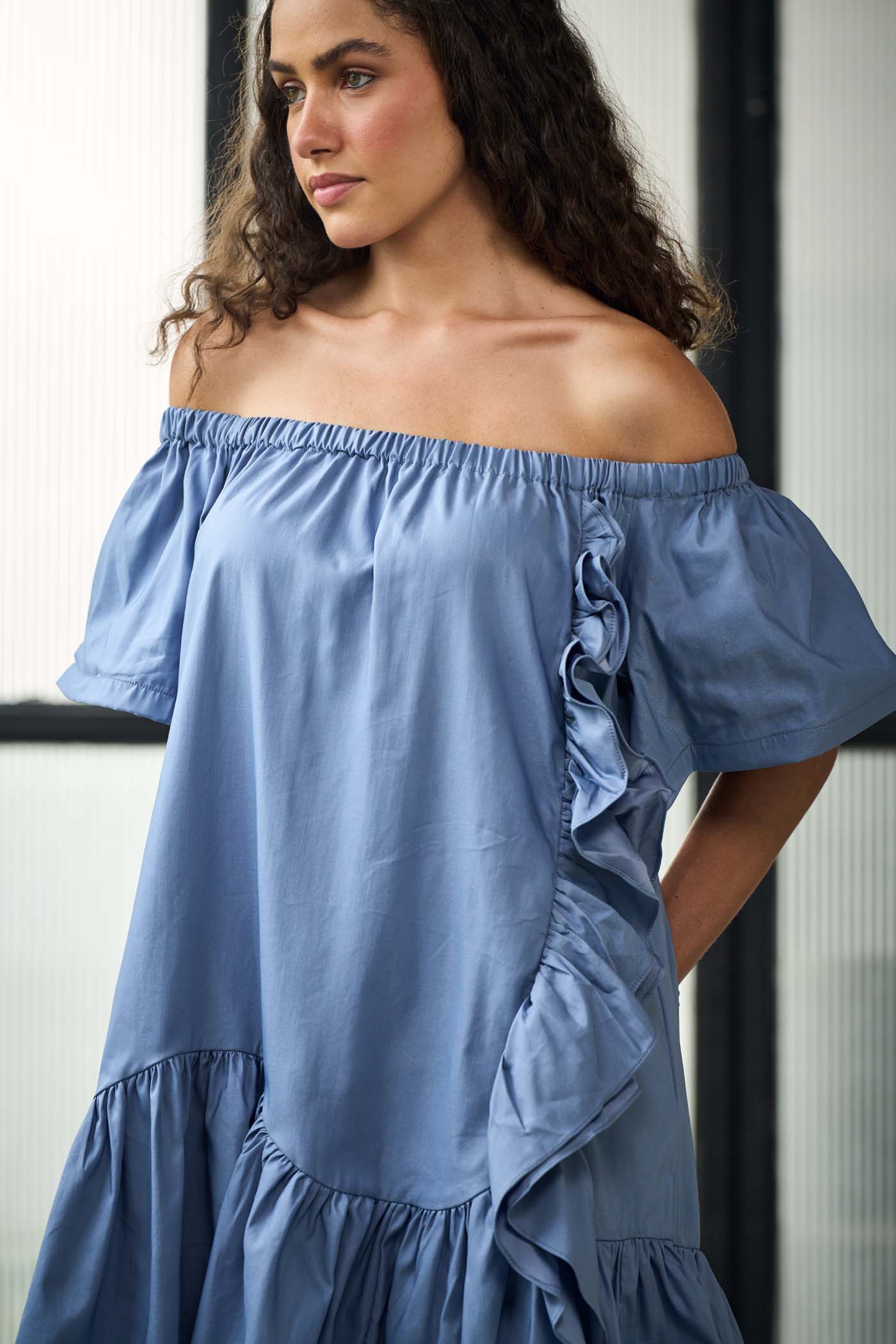 Blue off shoulder asymmetric ruffle mini dress