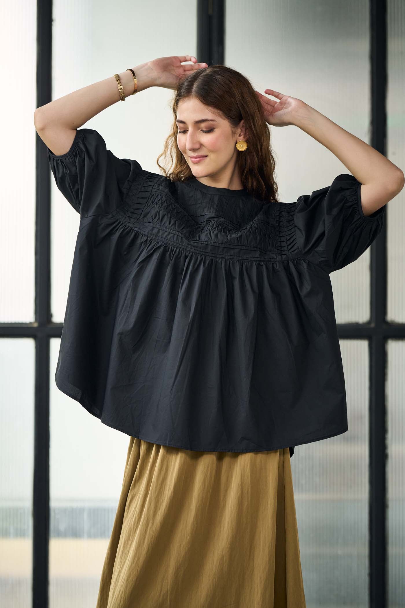 Black Gathered Yoke Blouse