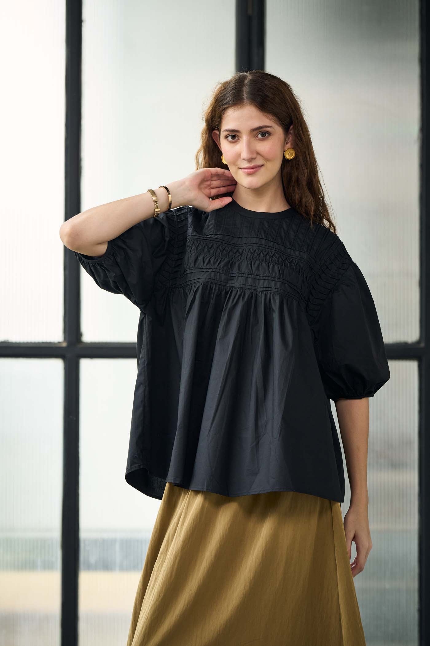 Black Gathered Yoke Blouse