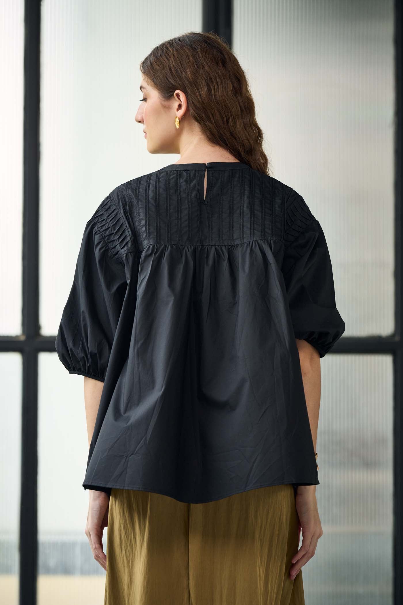 Black Gathered Yoke Blouse