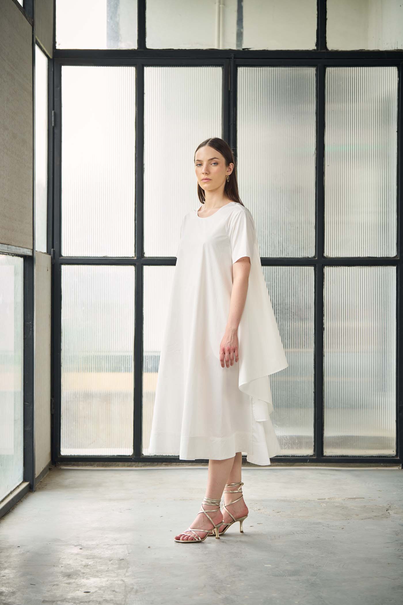 White Round neck midi dress