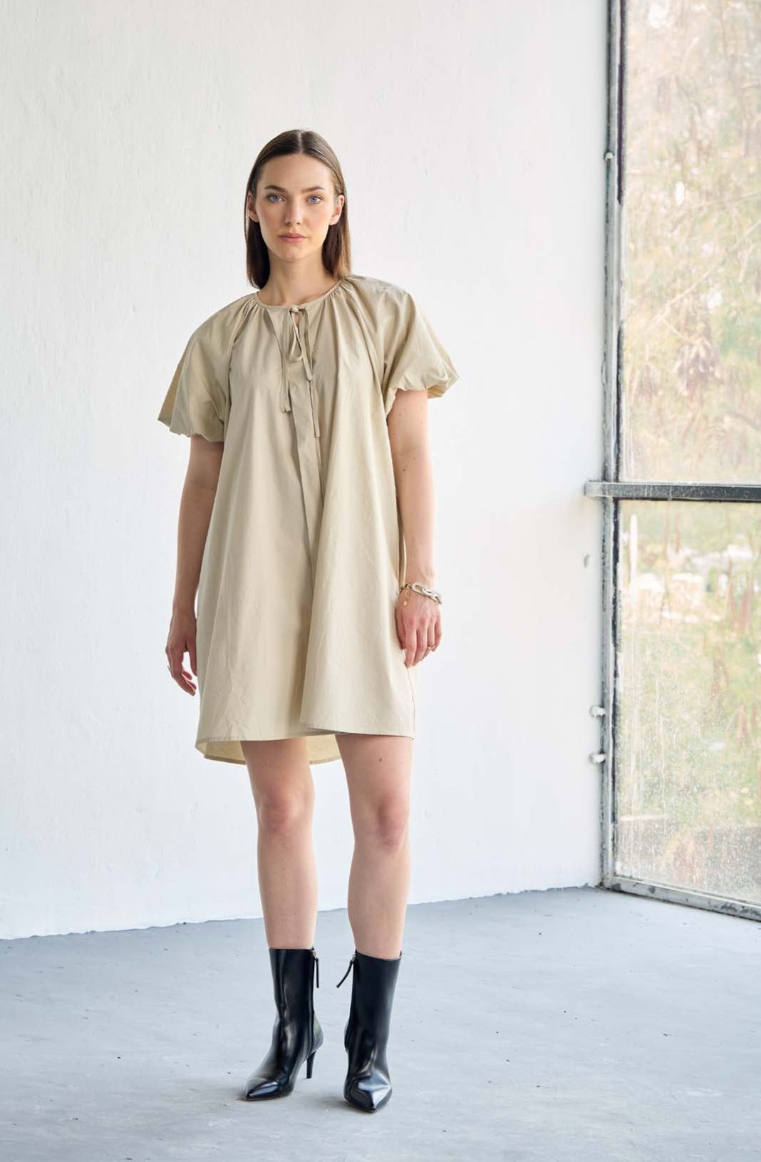 Beige Poplin Mini Dress