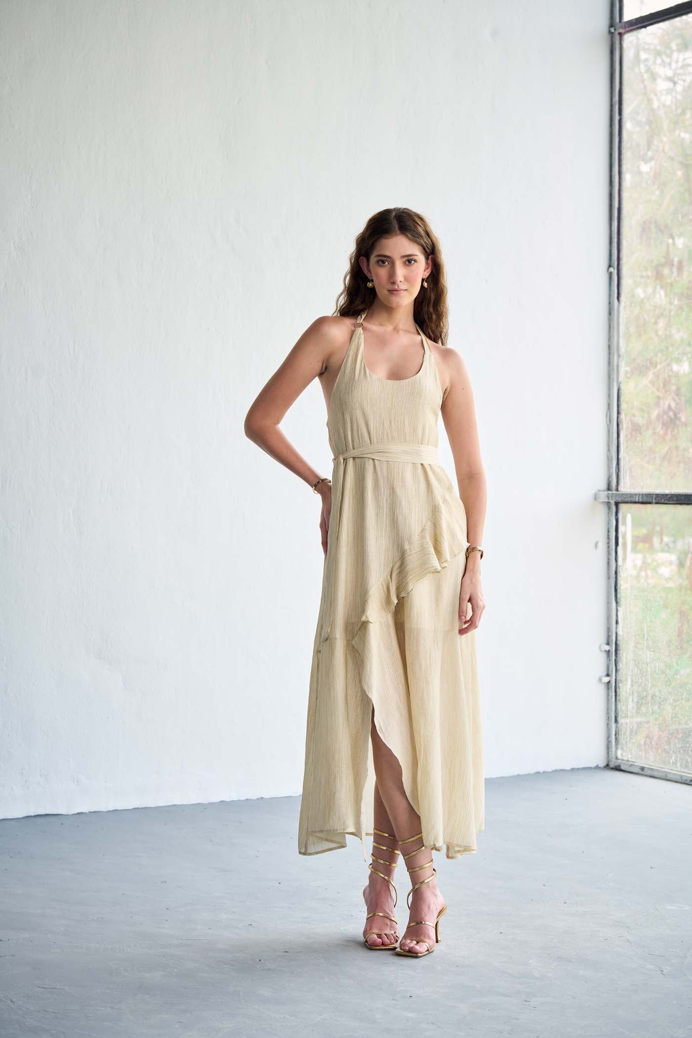 Asymmetric hemline and halter neck maxi dress