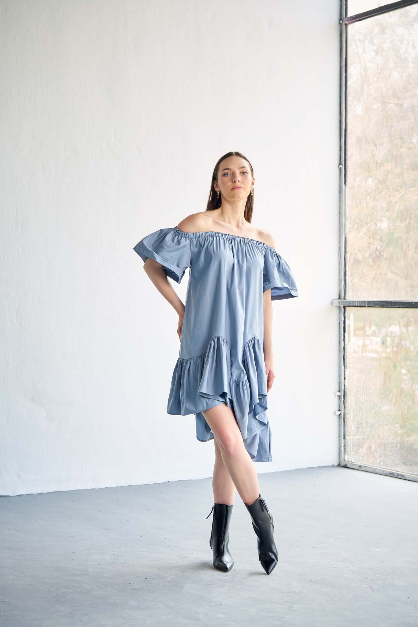 Blue Asymmetry Off-Shoulder Poplin Mini Dress