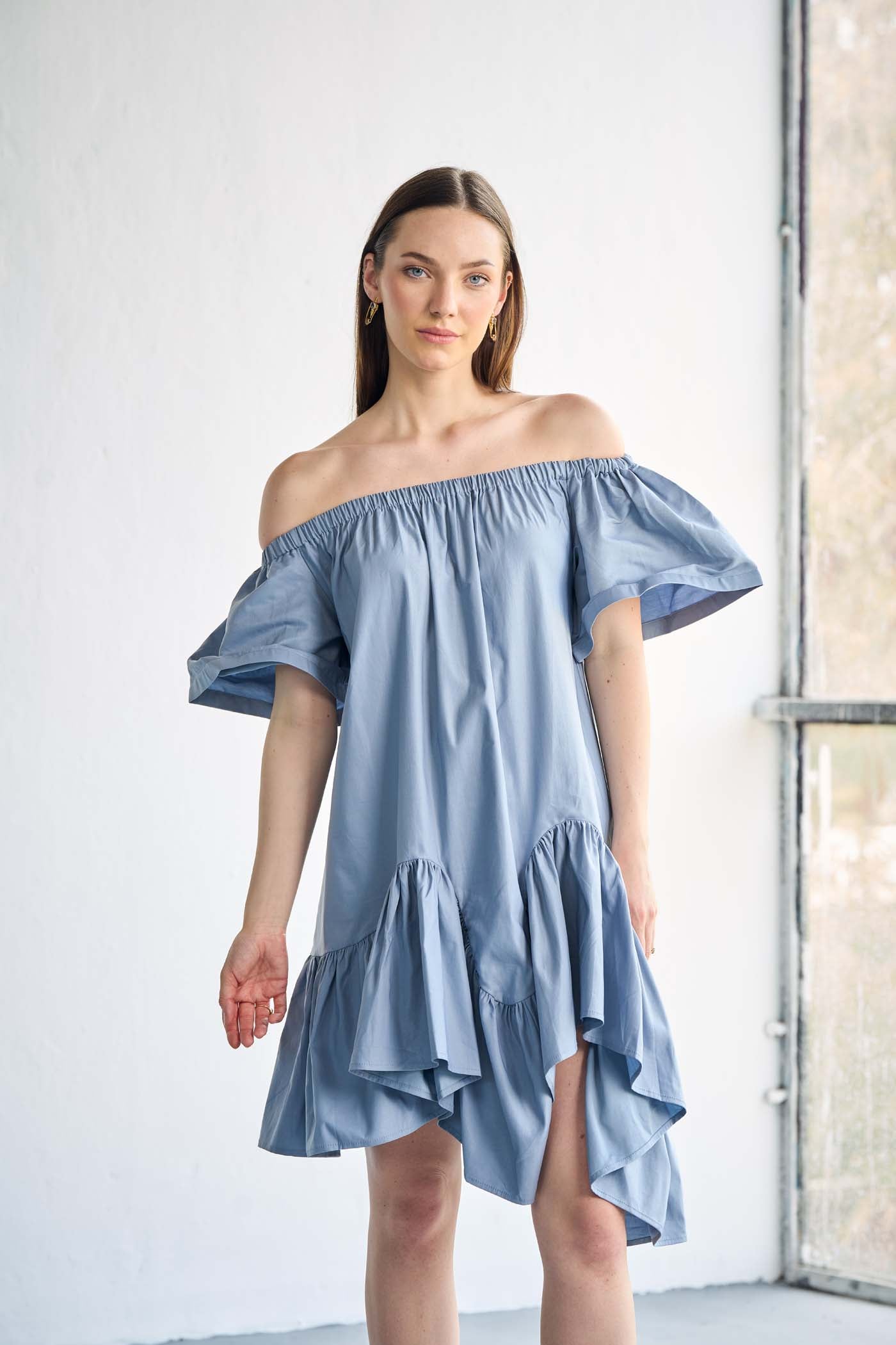 Blue Asymmetry Off-Shoulder Poplin Mini Dress