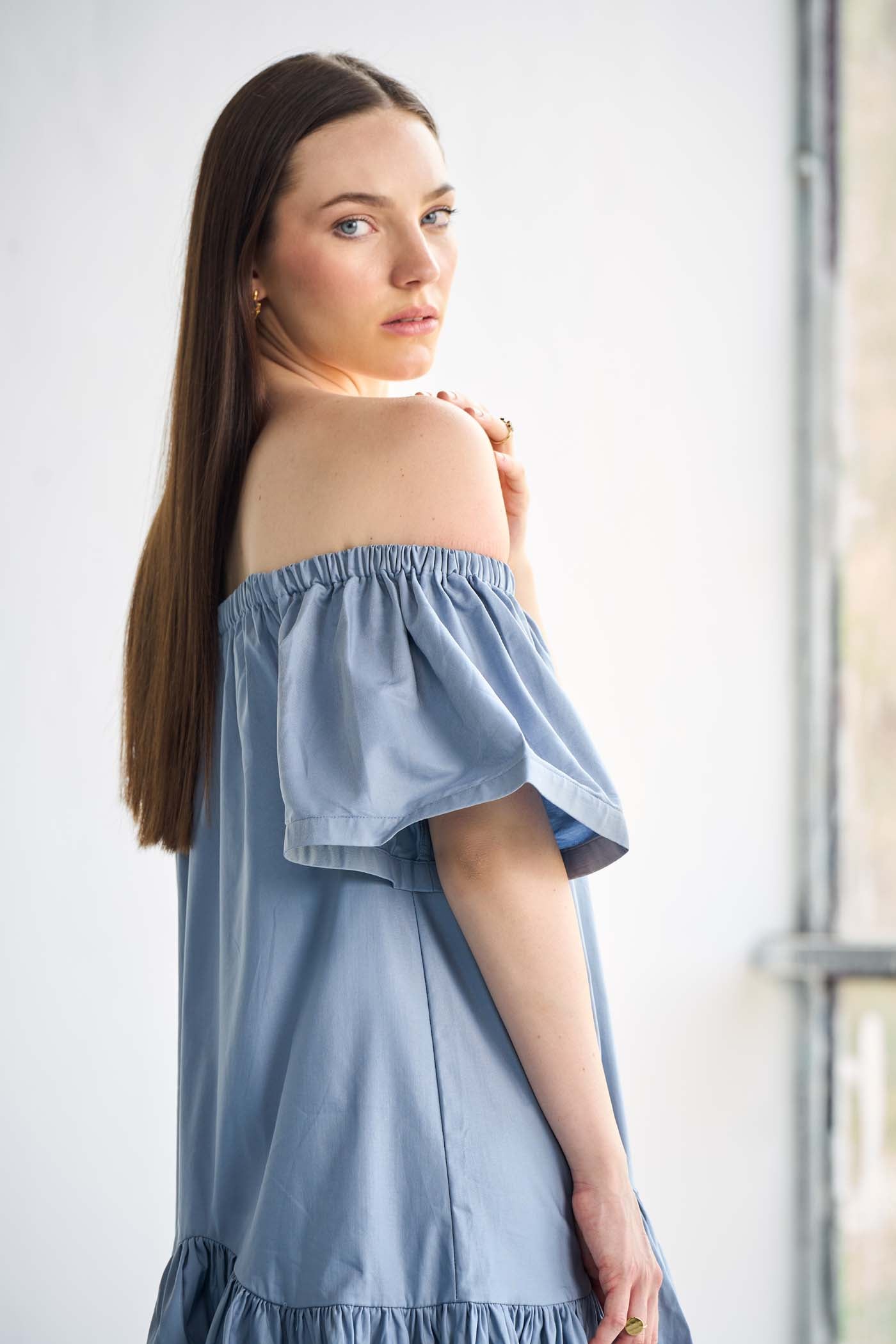 Blue Asymmetry Off-Shoulder Poplin Mini Dress