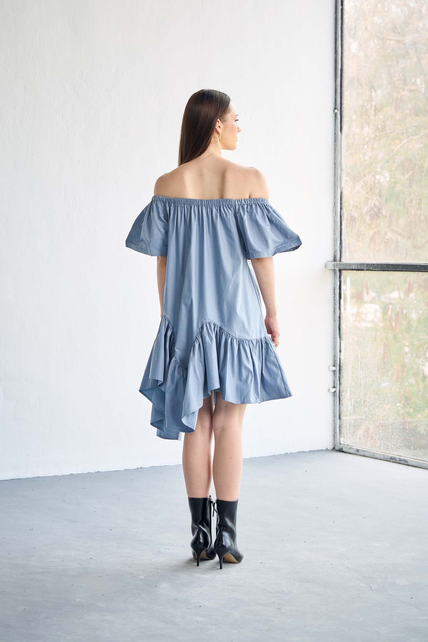 Blue Asymmetry Off-Shoulder Poplin Mini Dress