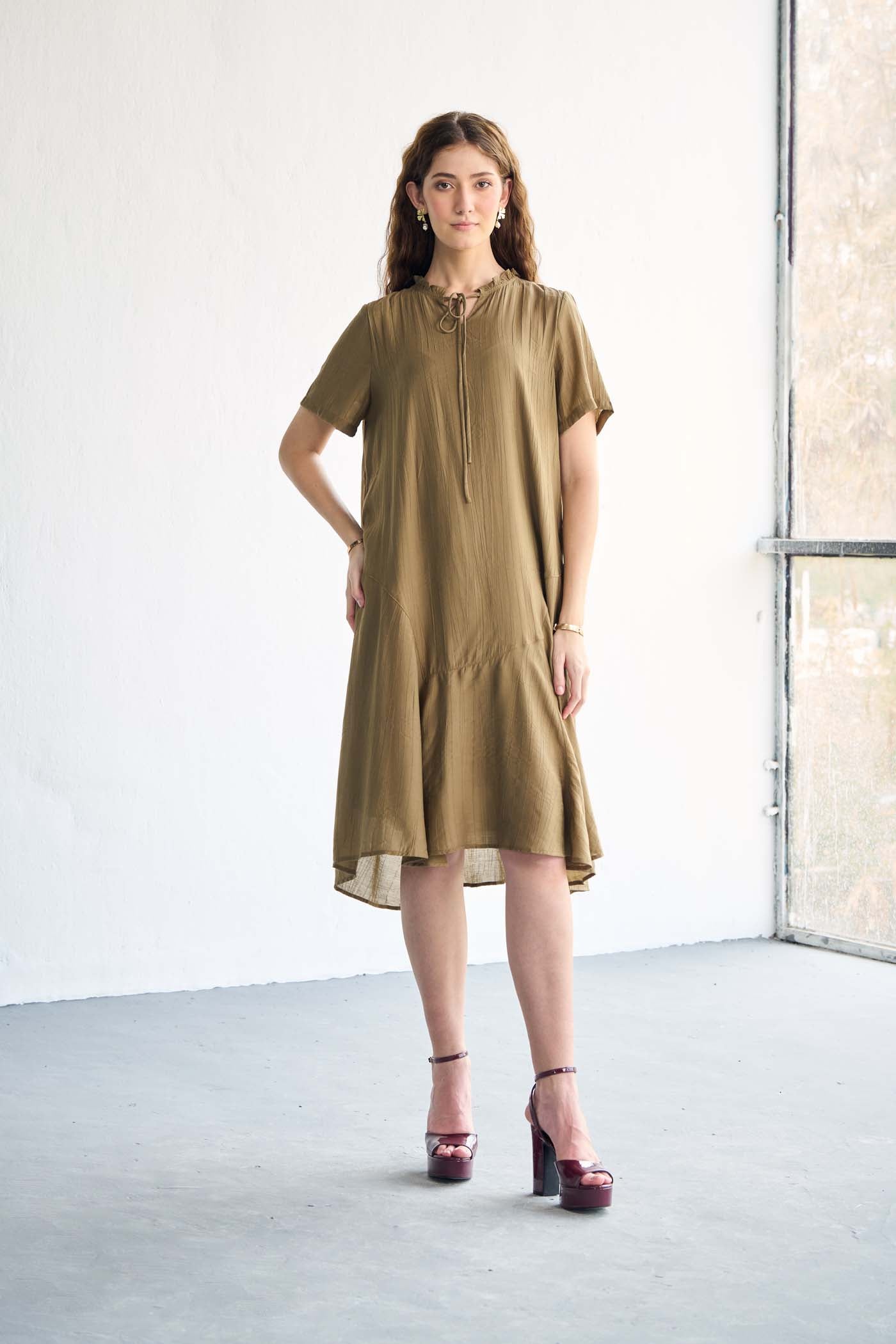 Korean Cotton Satin Olive dress