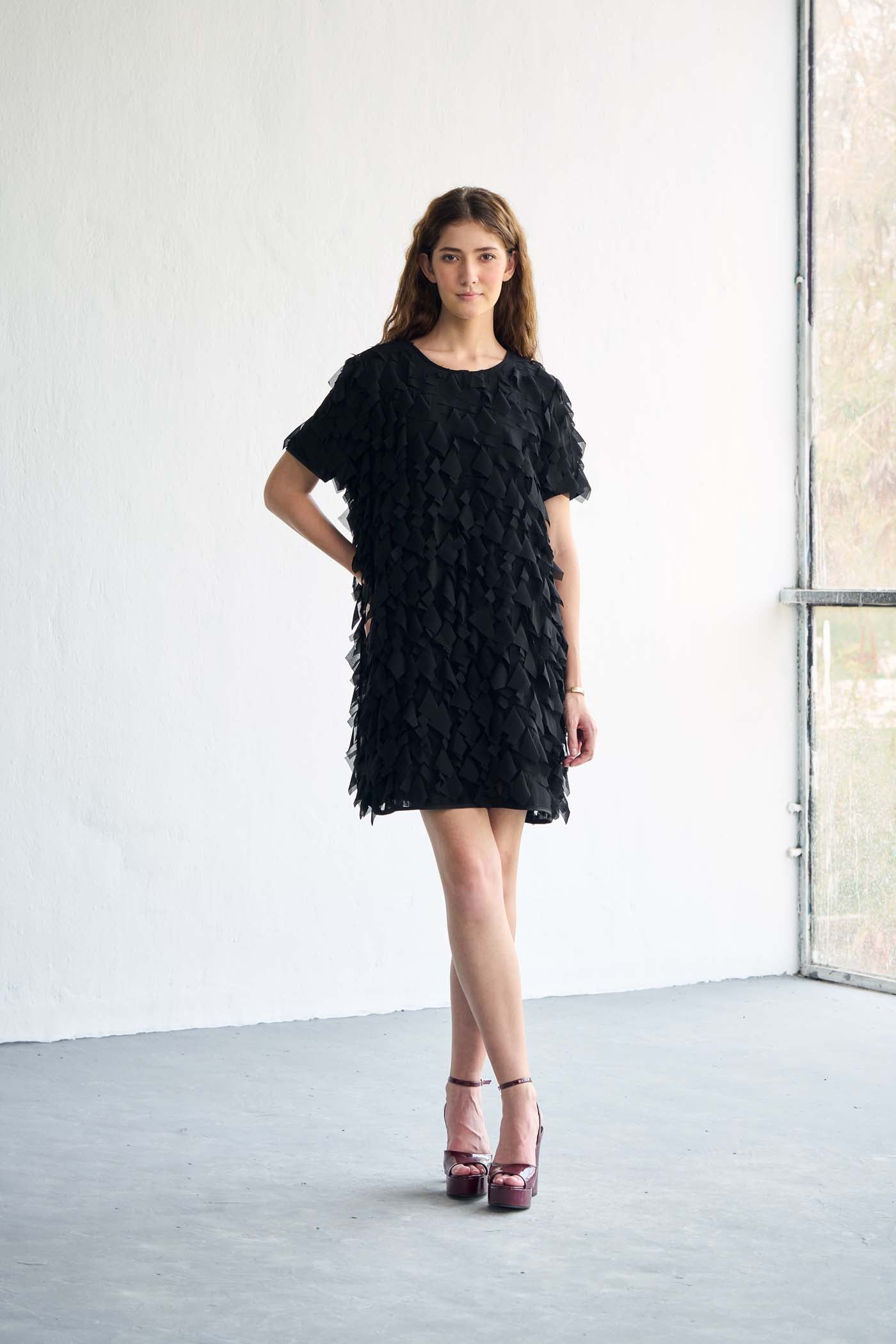 Ruffled textured black mini dress