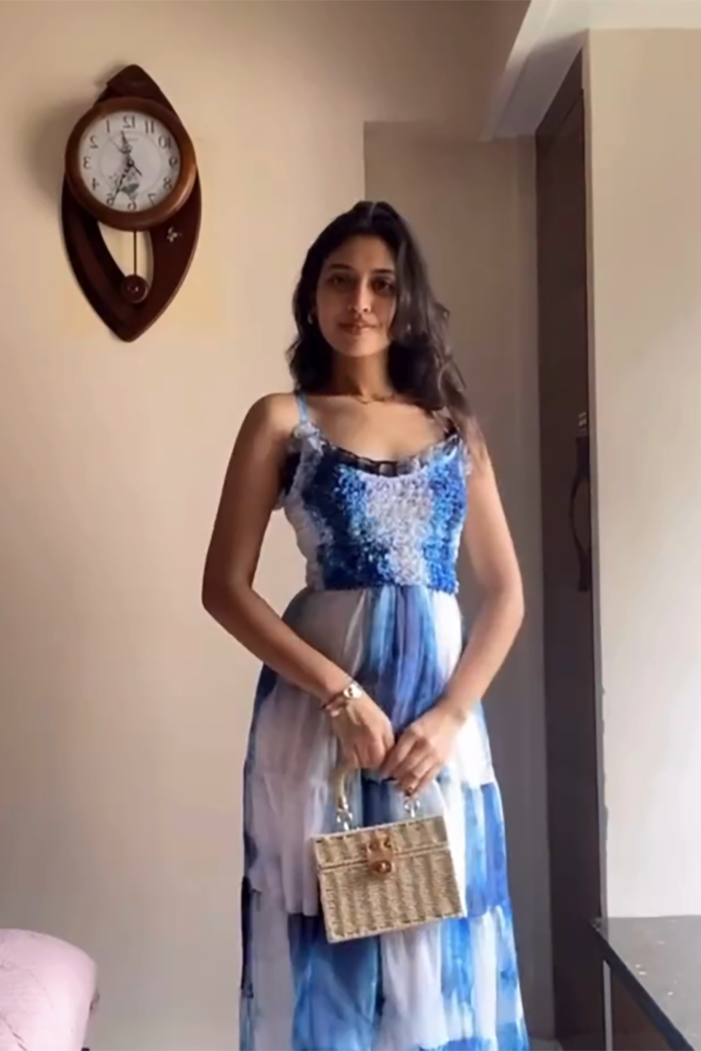 Siddhi dangi In Blue Wave Printed Strappy Long Dress