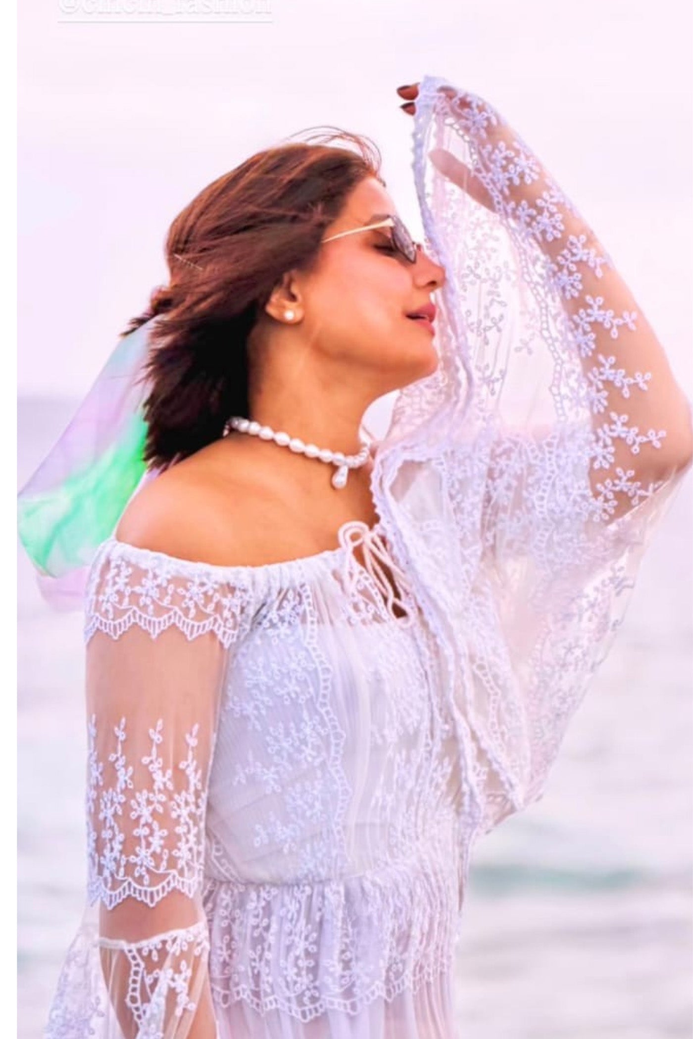 HINA KHAN In Desert Rose Bell Sleeve Mini Dress