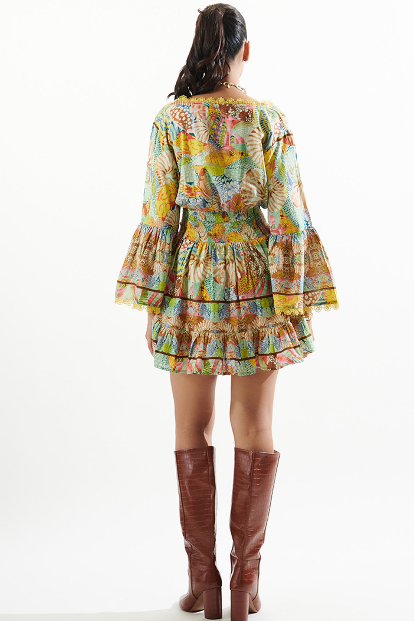 printed dress with v neck and bell sleeves