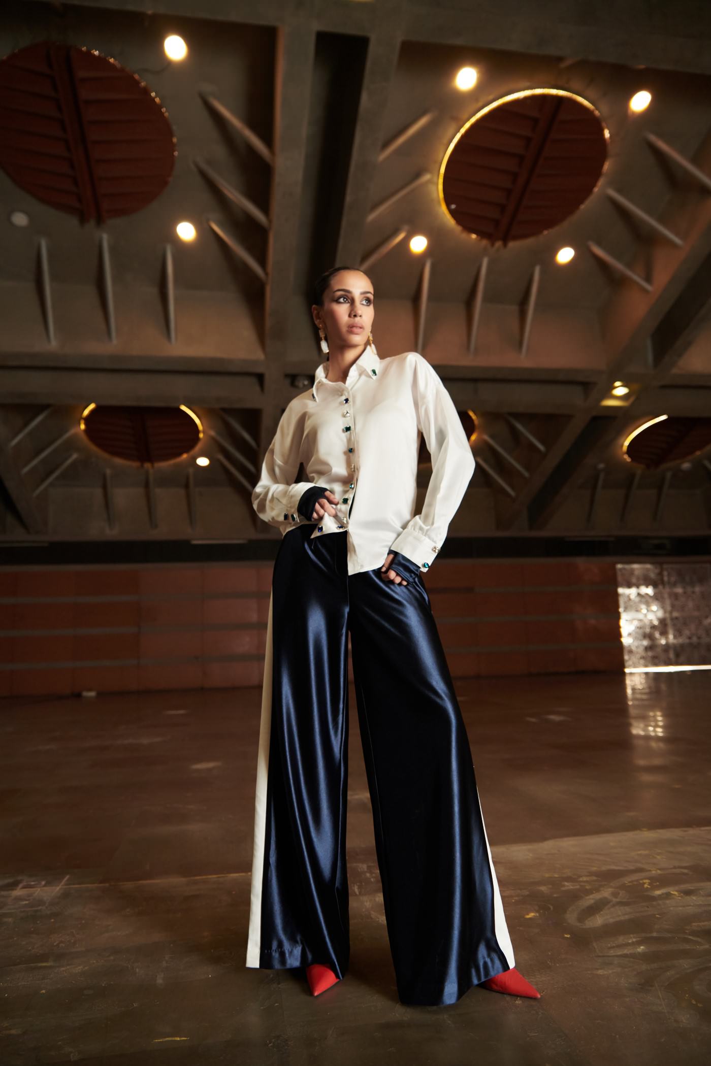 White Embroidered Shirt With Navy Blue Wide Pants